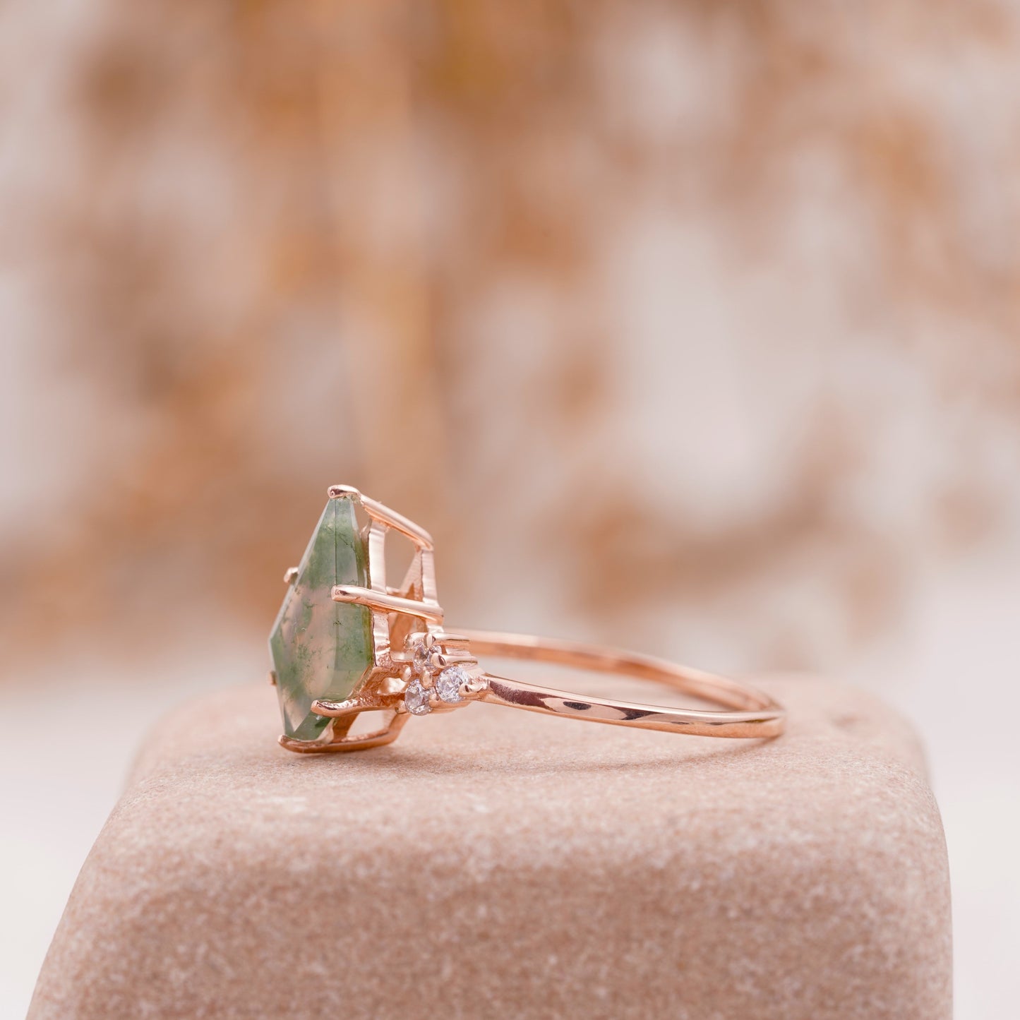 Kite Shaped Moss Agate Engagement Ring