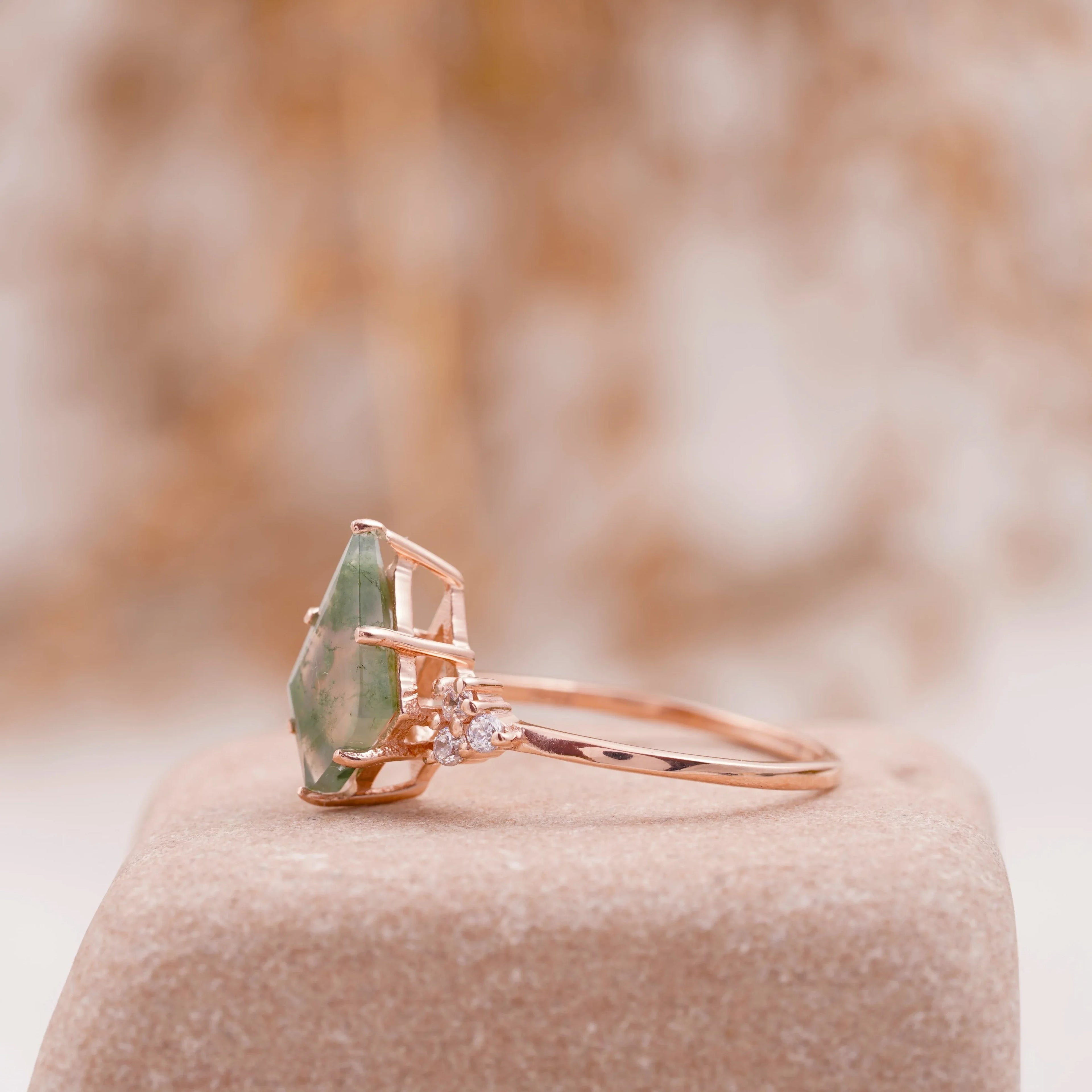 Kite Shaped Moss Agate Engagement Ring - MinimalistJewels