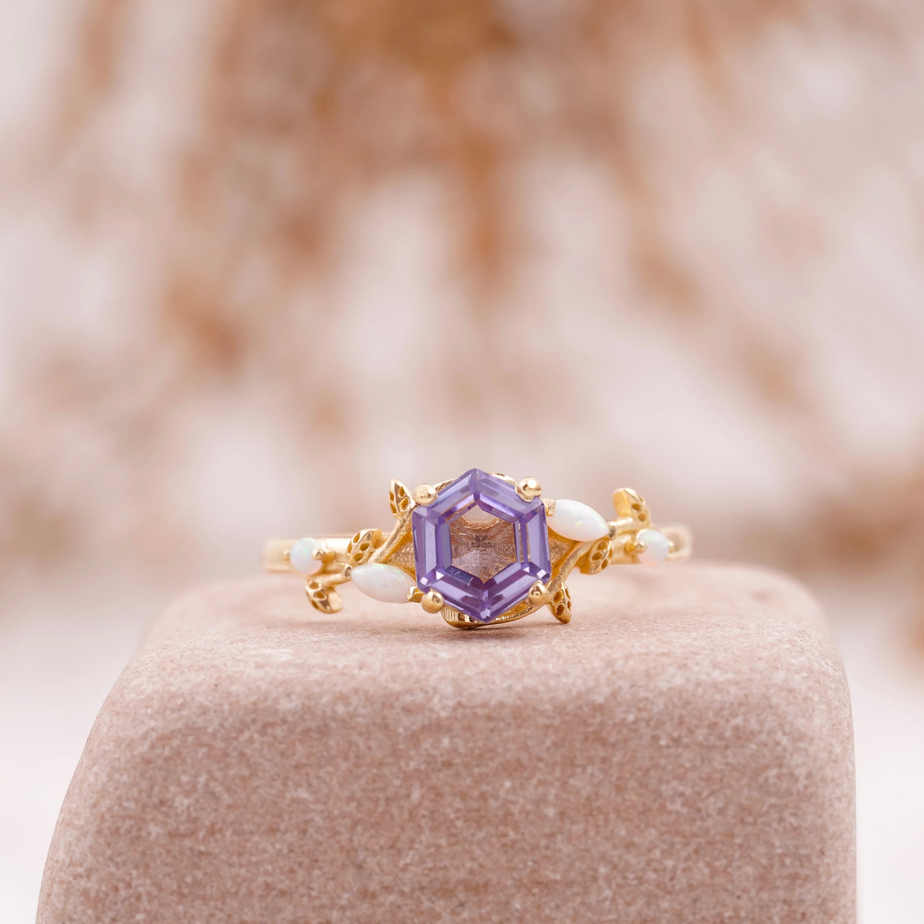 Hexagon Alexandrite Opal Engagement Ring - MinimalistJewels
