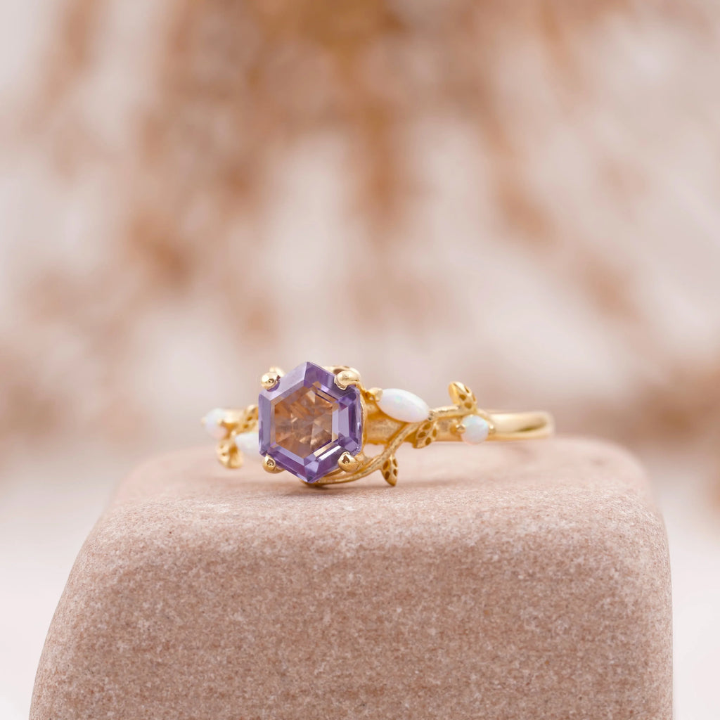 Hexagon Alexandrite Opal Engagement Ring - MinimalistJewels