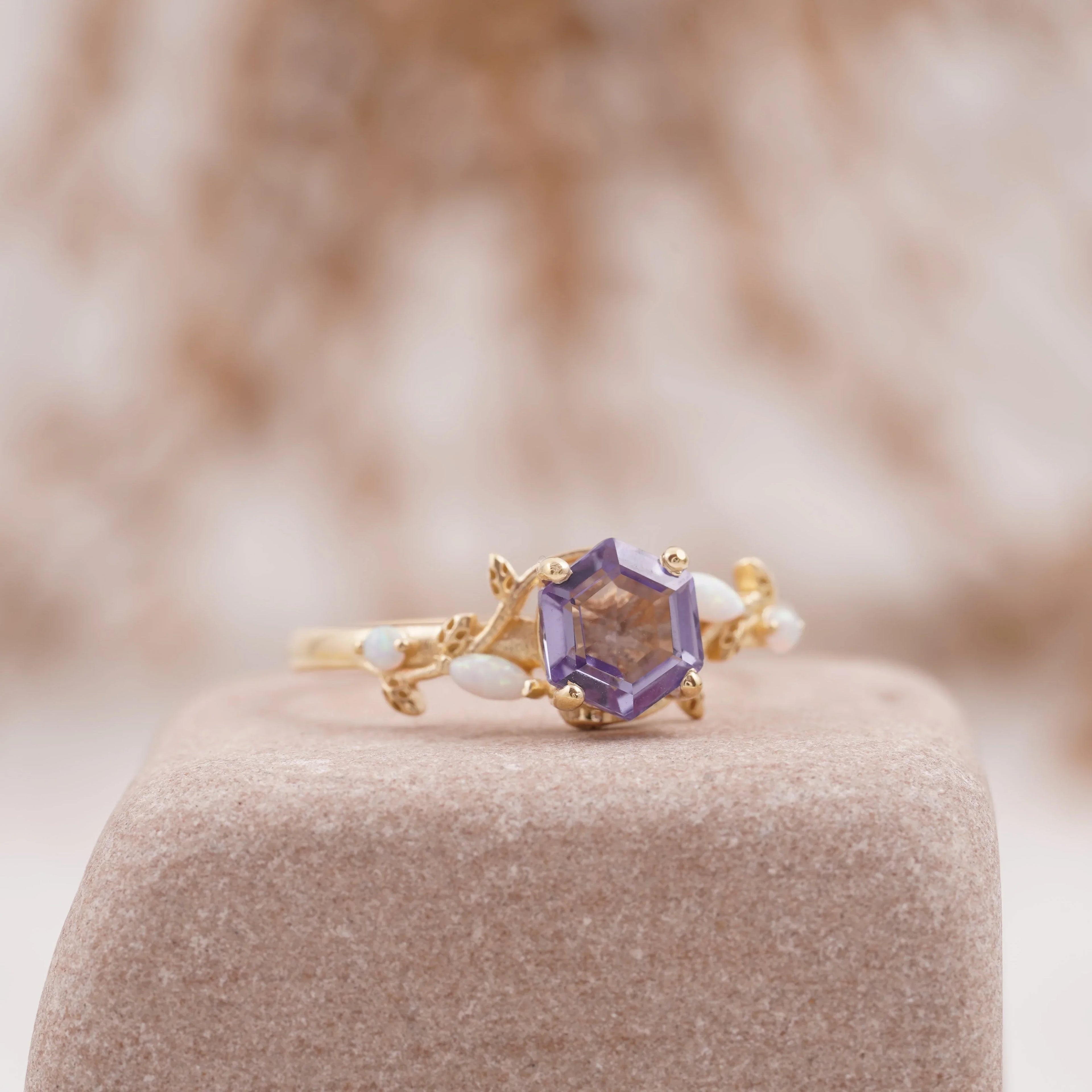 Hexagon Alexandrite Opal Engagement Ring - MinimalistJewels