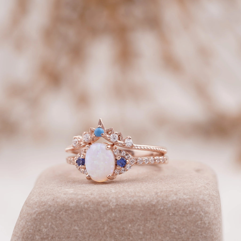 Fire Opal Engagement Ring Set with Curved Band - MinimalistJewels