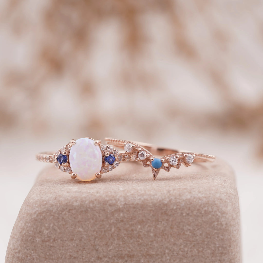 Fire Opal Engagement Ring Set with Curved Band - MinimalistJewels