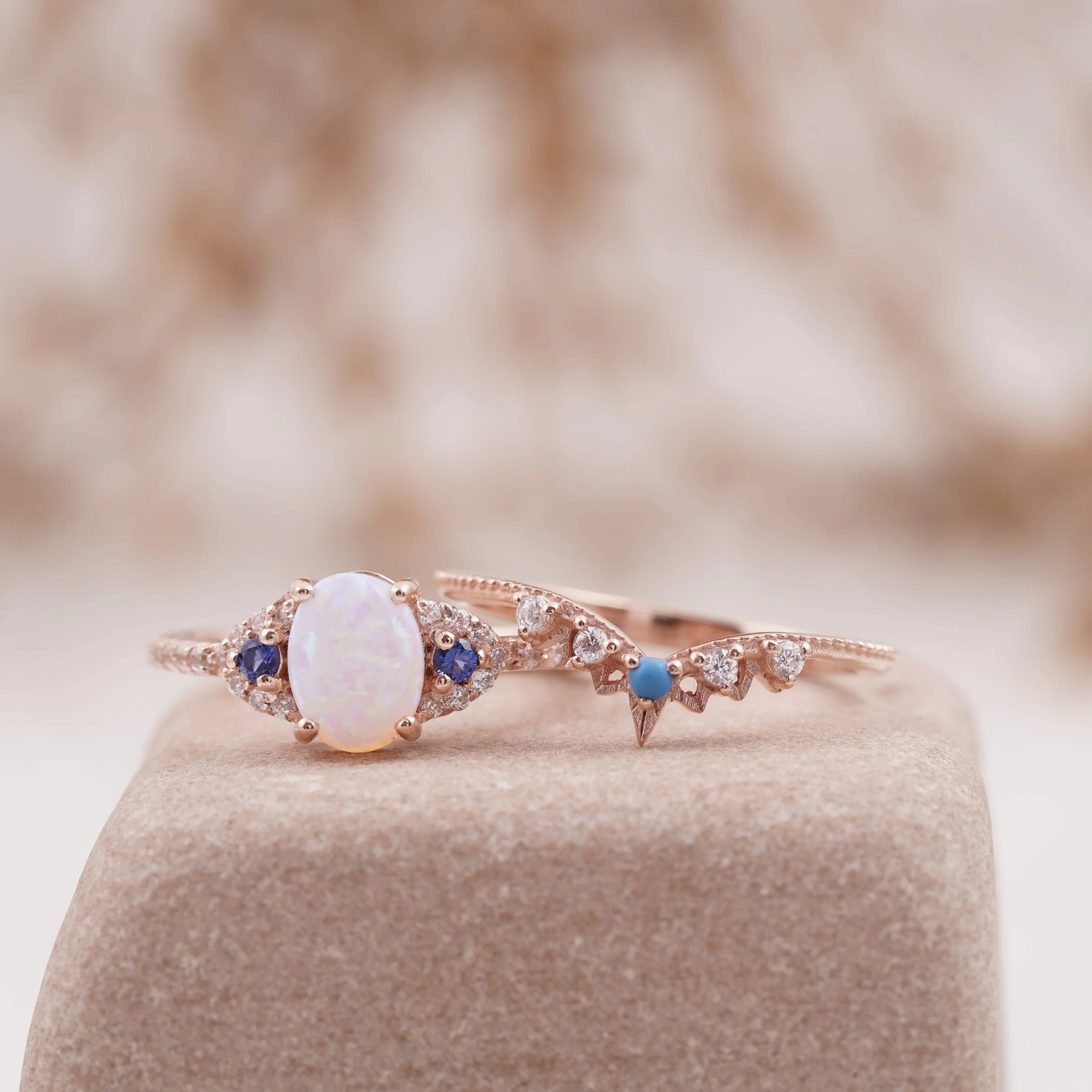 Fire Opal Engagement Ring Set with Curved Band - MinimalistJewels