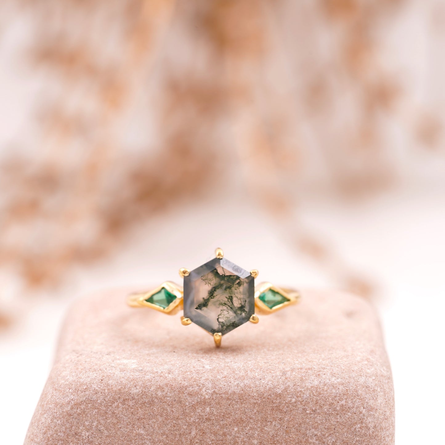 Kite Emerald Moss Agate Hexagon Engagement Ring