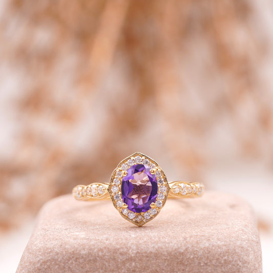 Oval Amethyst Halo Diamond 14k Solid Gold Engagement Ring
