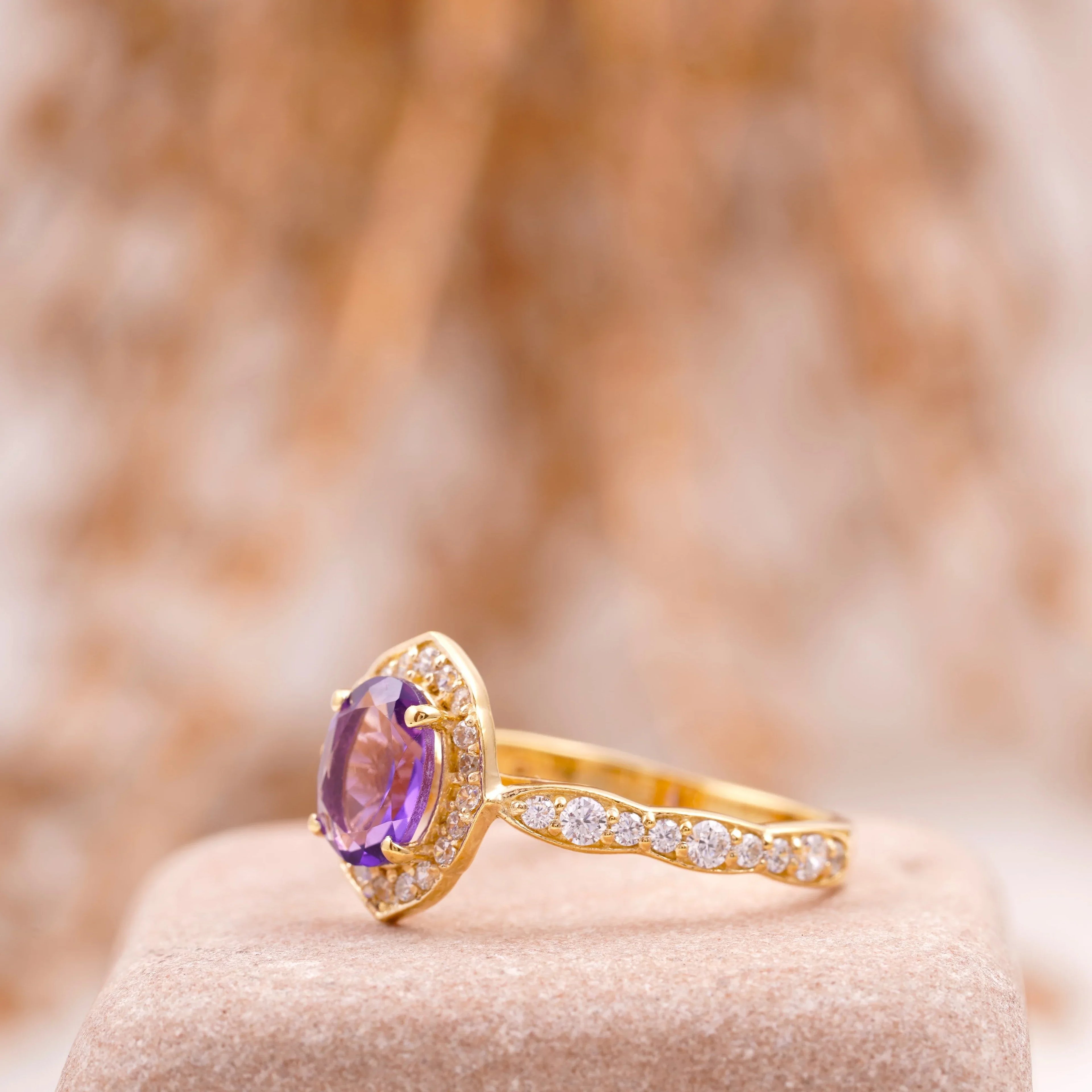 Oval Amethyst Halo Diamond Engagement Ring - MinimalistJewels
