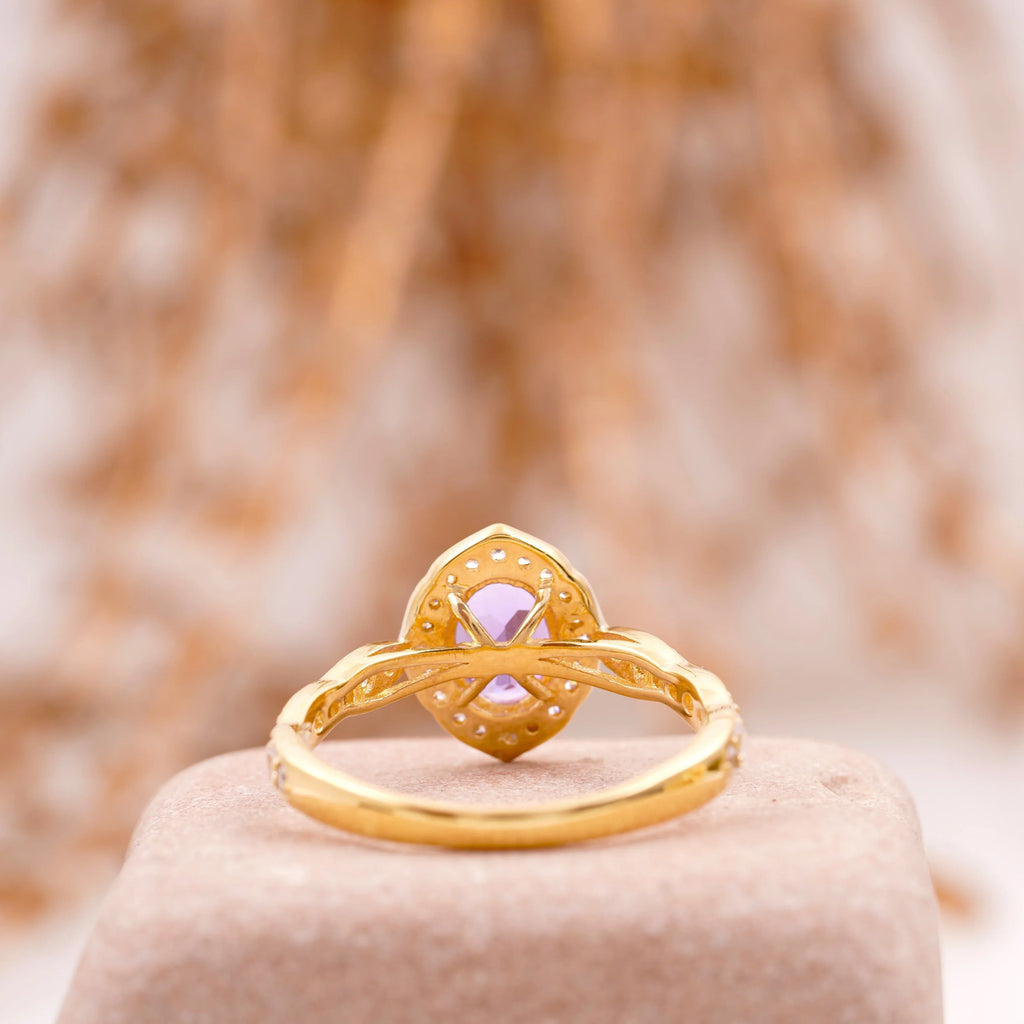 Oval Amethyst Halo Diamond Engagement Ring - MinimalistJewels