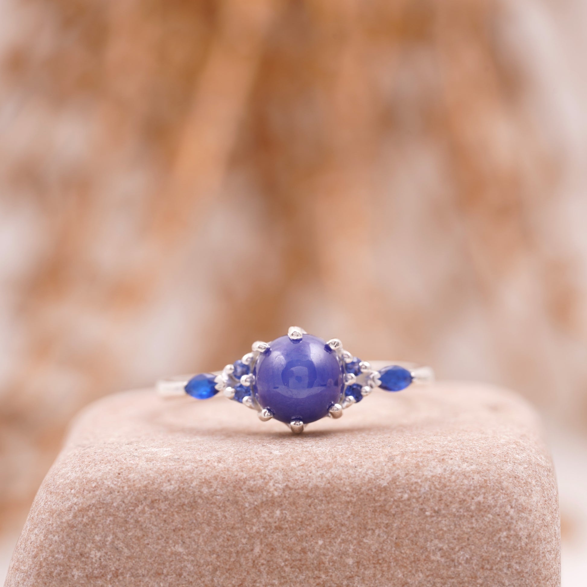 Vintage Blue Star Sapphire Silver Engagement Ring