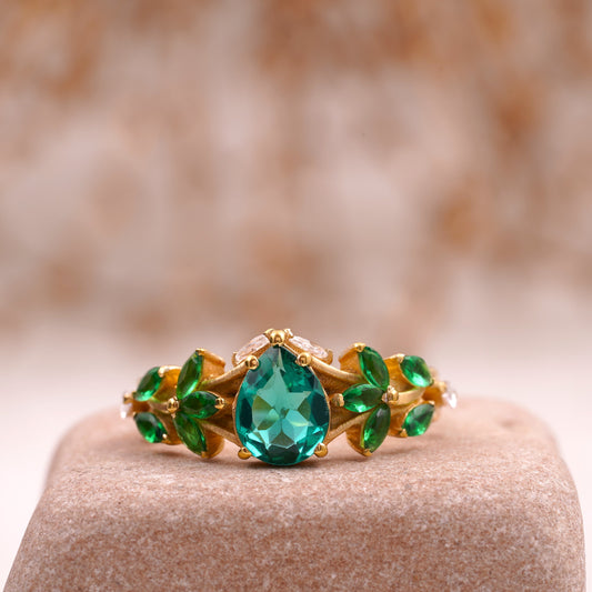 Pear Cut Emerald Cluster Leaf Marquise Solid Gold Engagement Ring