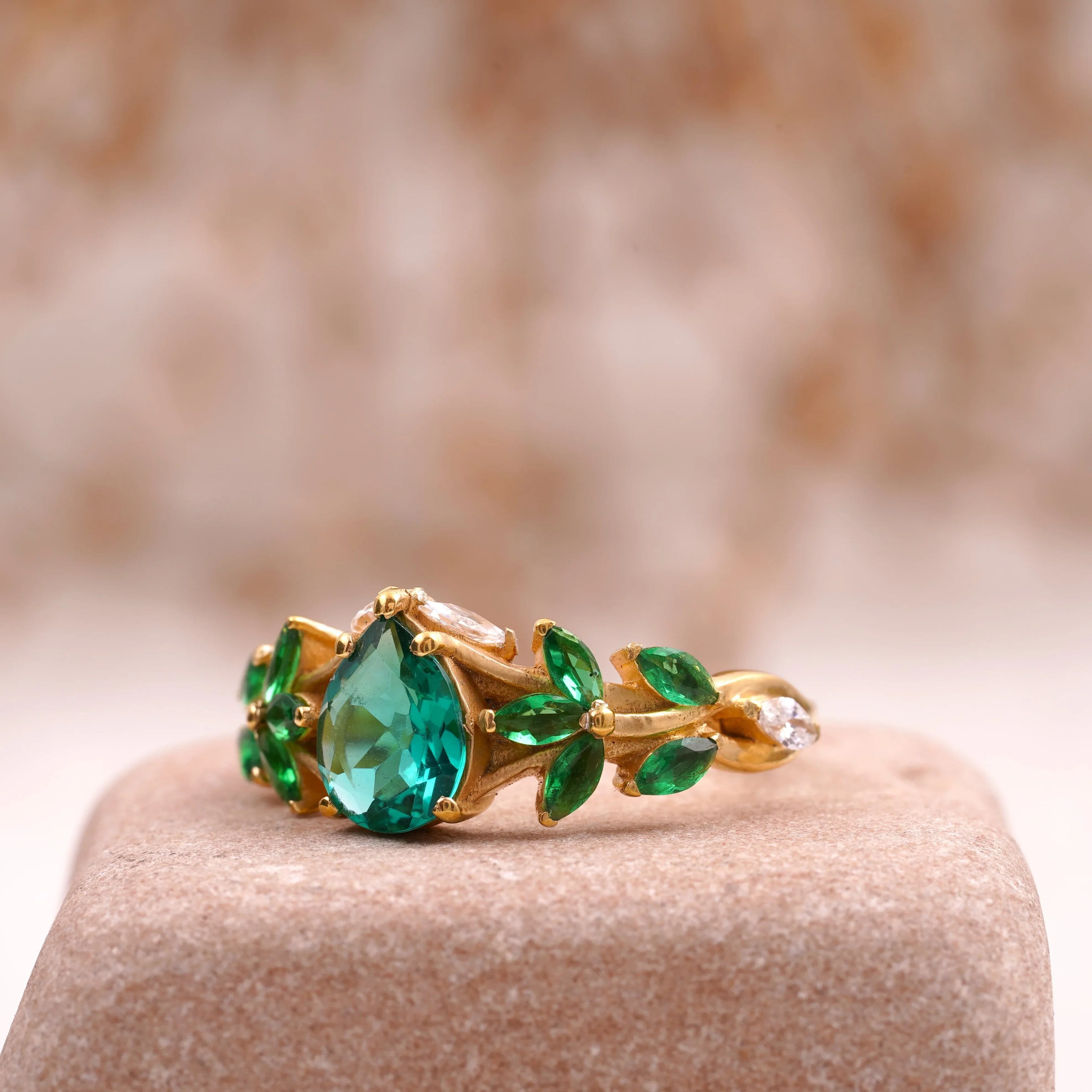 Pear Emerald Cluster Marquise Gold Engagement Ring - MinimalistJewels