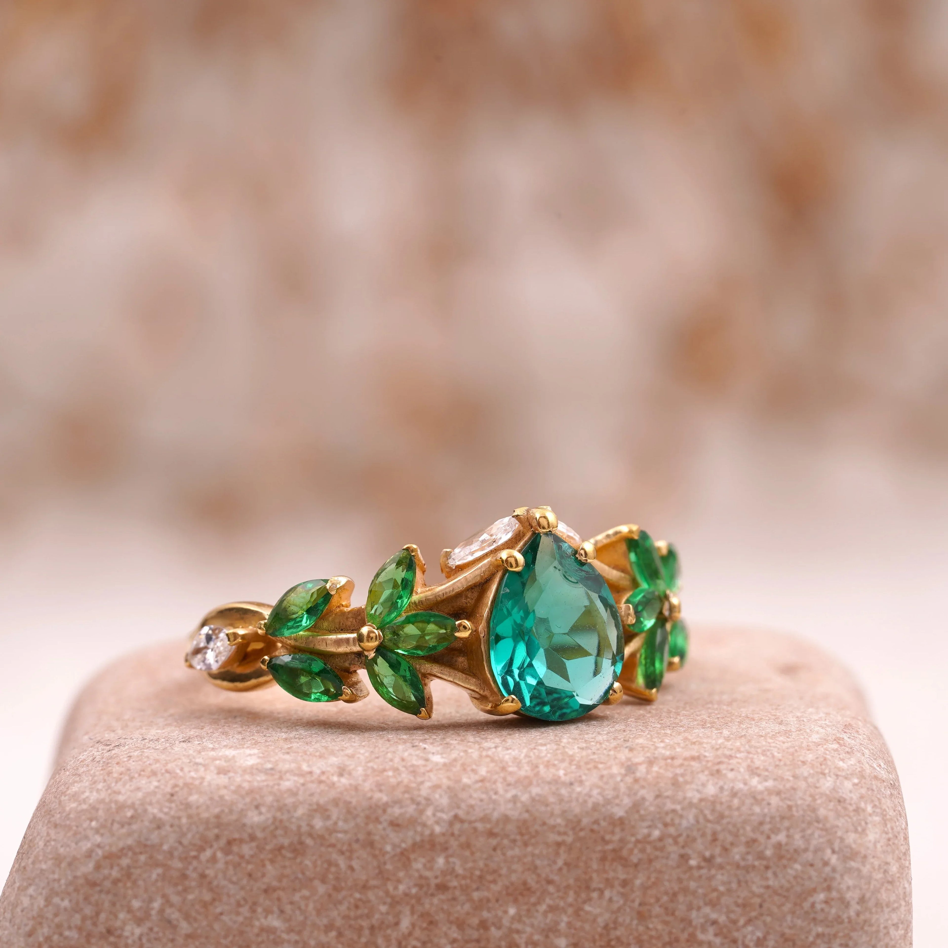 Pear Emerald Cluster Marquise Gold Engagement Ring - MinimalistJewels