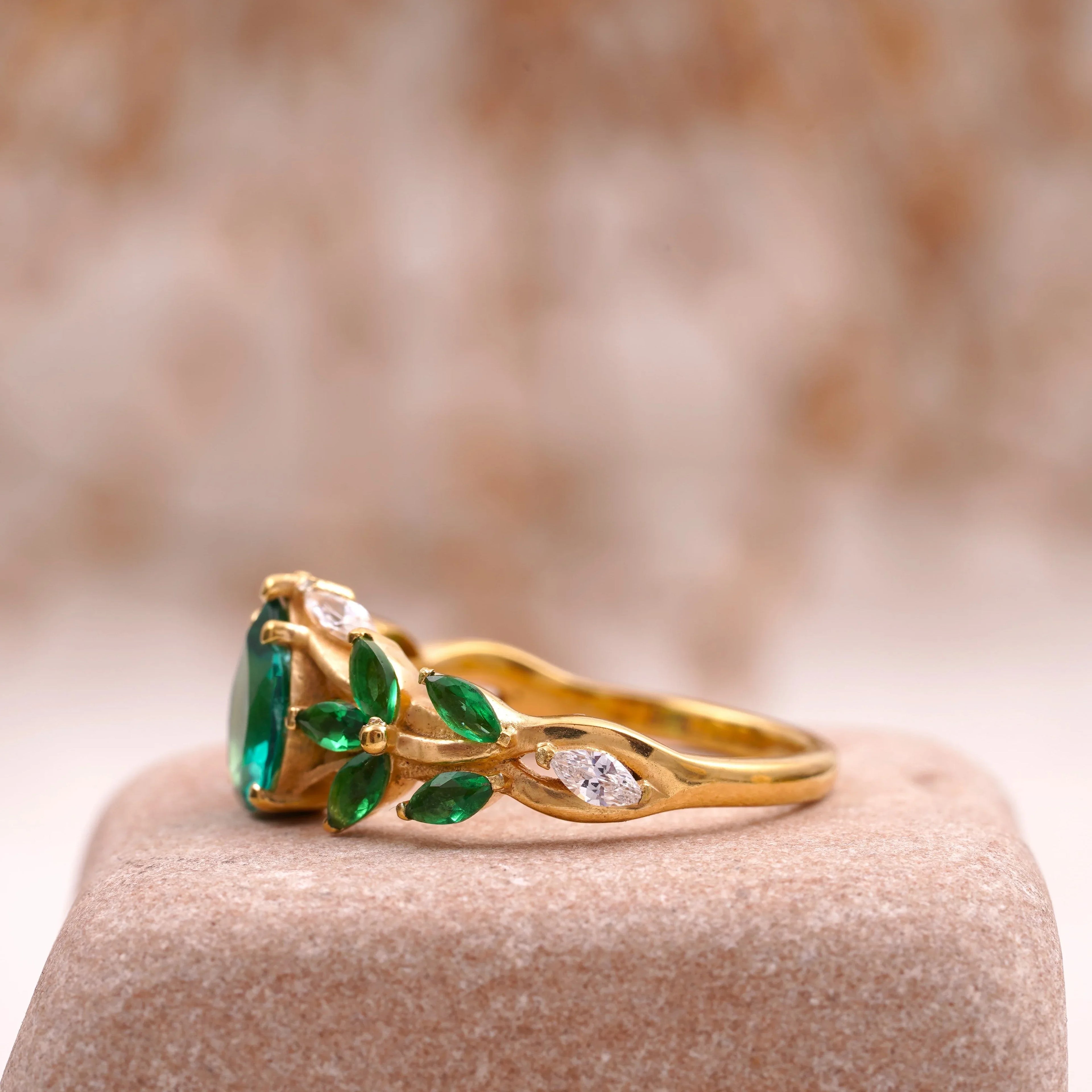 Pear Emerald Cluster Marquise Gold Engagement Ring - MinimalistJewels