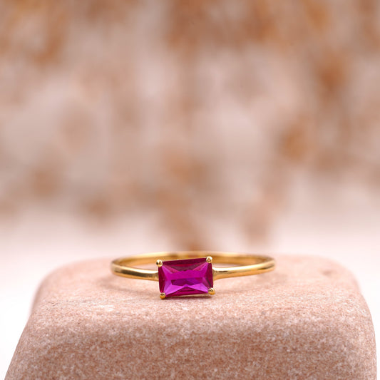 Baguette Cut Ruby 14K Solid Gold Stacking Ring For Women