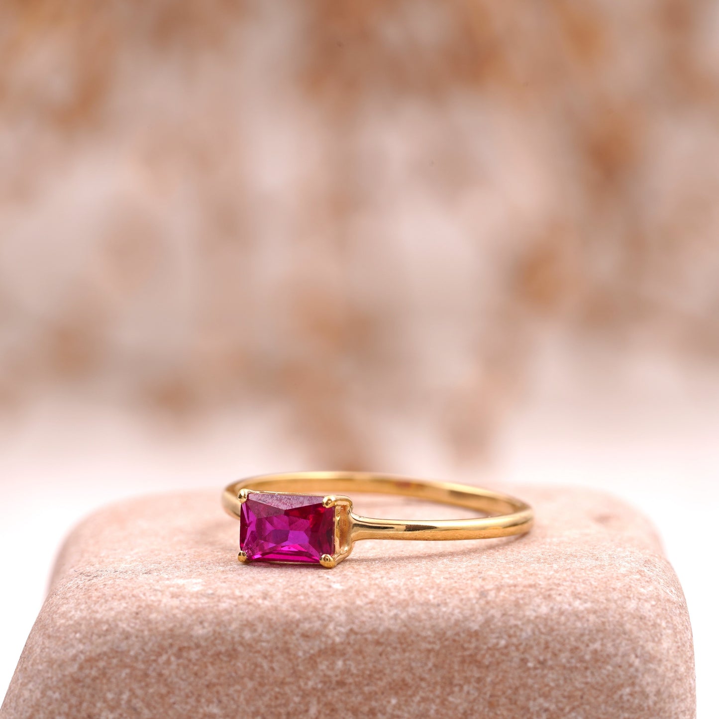 Baguette Cut Ruby 14K Solid Gold Stacking Ring For Women