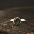 Hexagon Cut Moss Agate Bezel Set Engagement Ring - MinimalistJewels