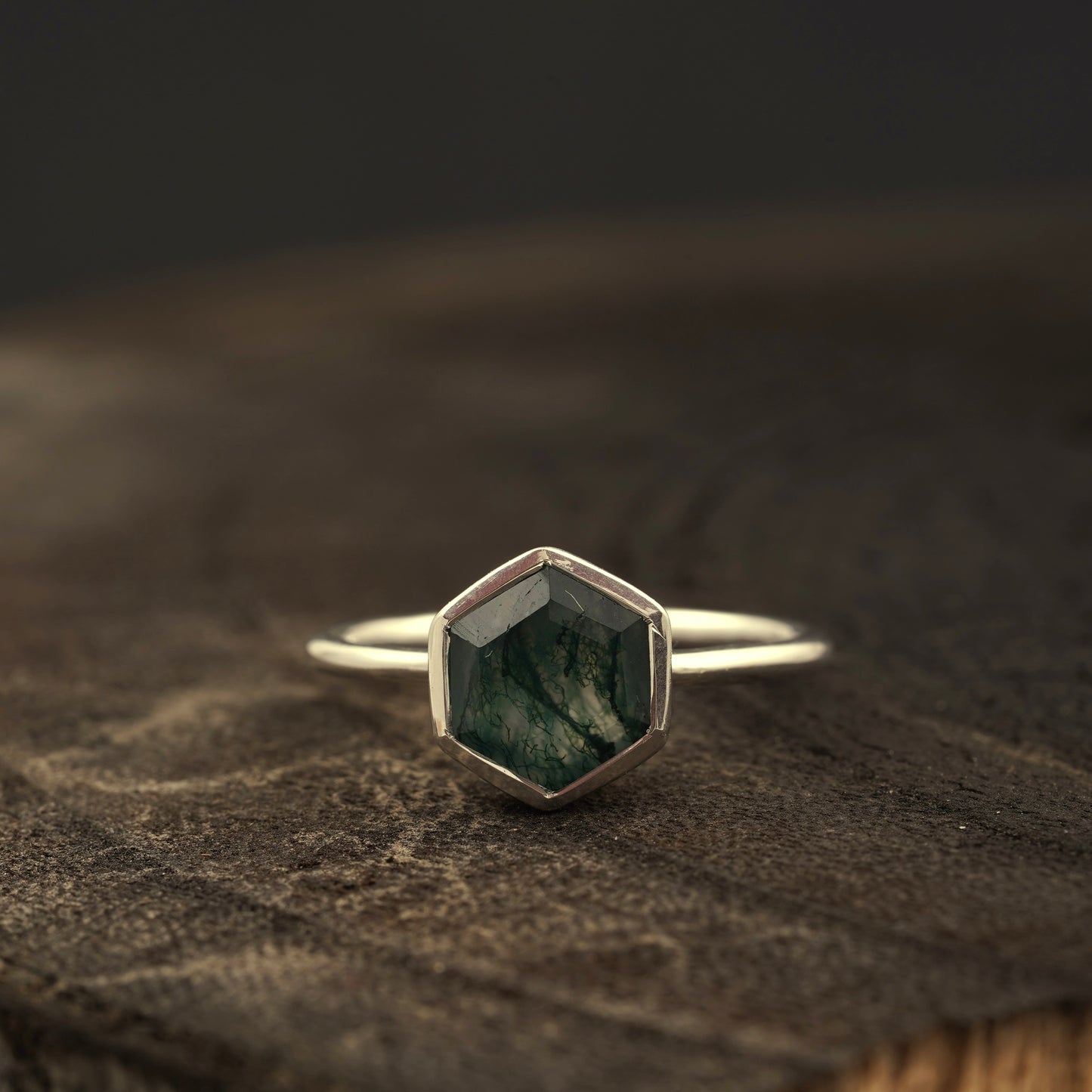 Hexagon Cut Moss Agate Bezel Set Engagement Ring