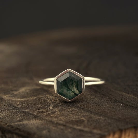 Hexagon Cut Moss Agate Bezel Set Engagement Ring