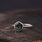 Hexagon Cut Moss Agate Bezel Set Engagement Ring - MinimalistJewels