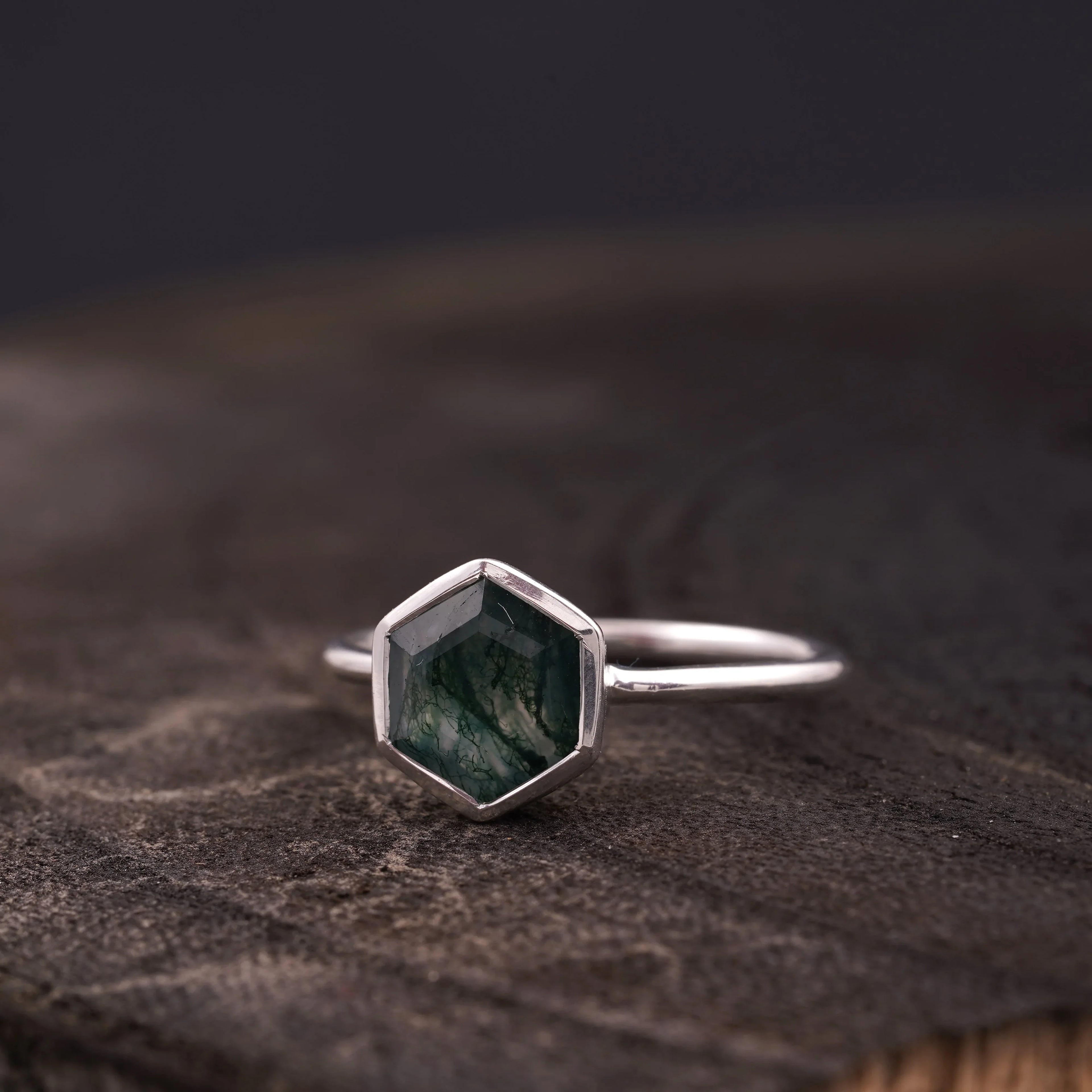 Hexagon Cut Moss Agate Bezel Set Engagement Ring - MinimalistJewels