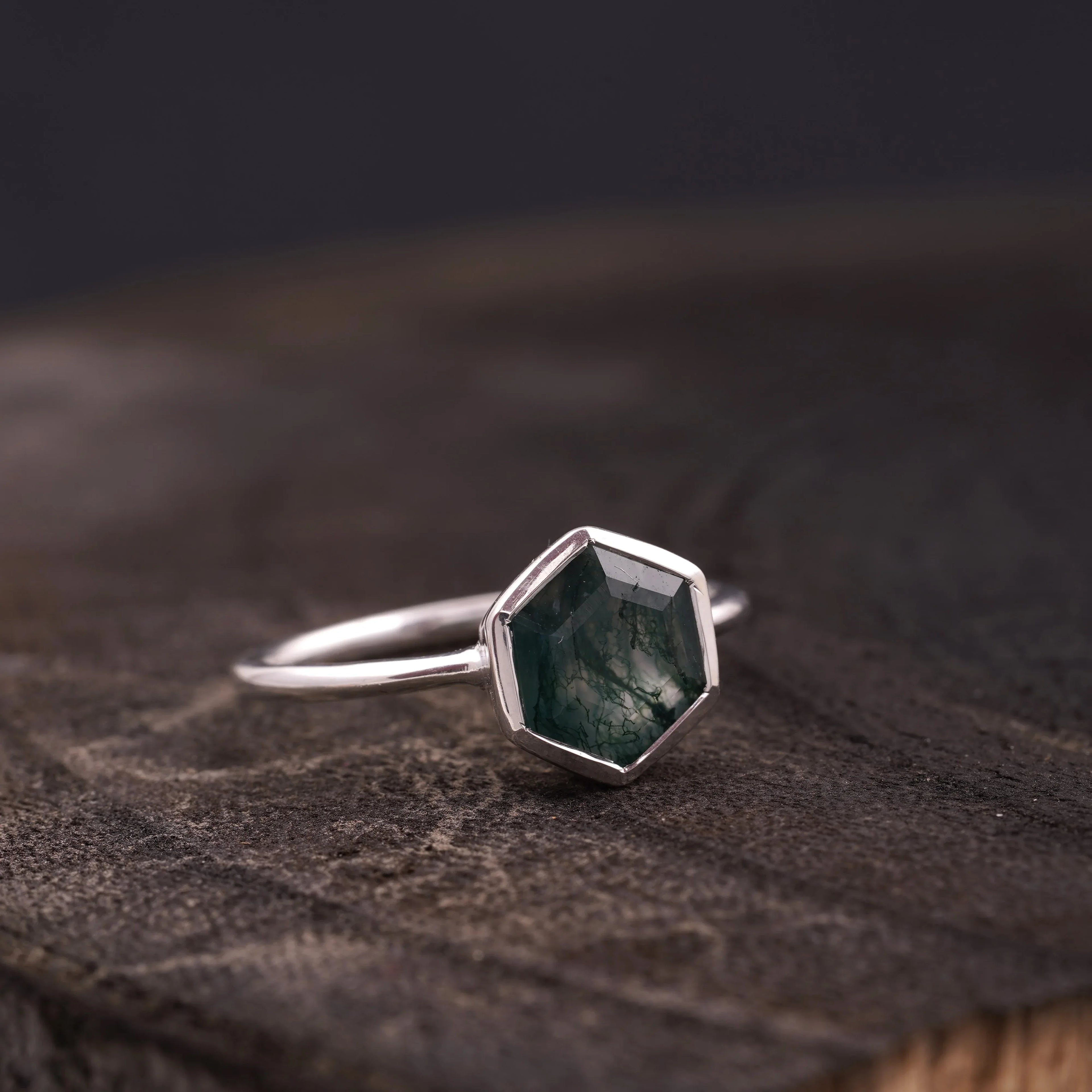 Hexagon Cut Moss Agate Bezel Set Engagement Ring - MinimalistJewels