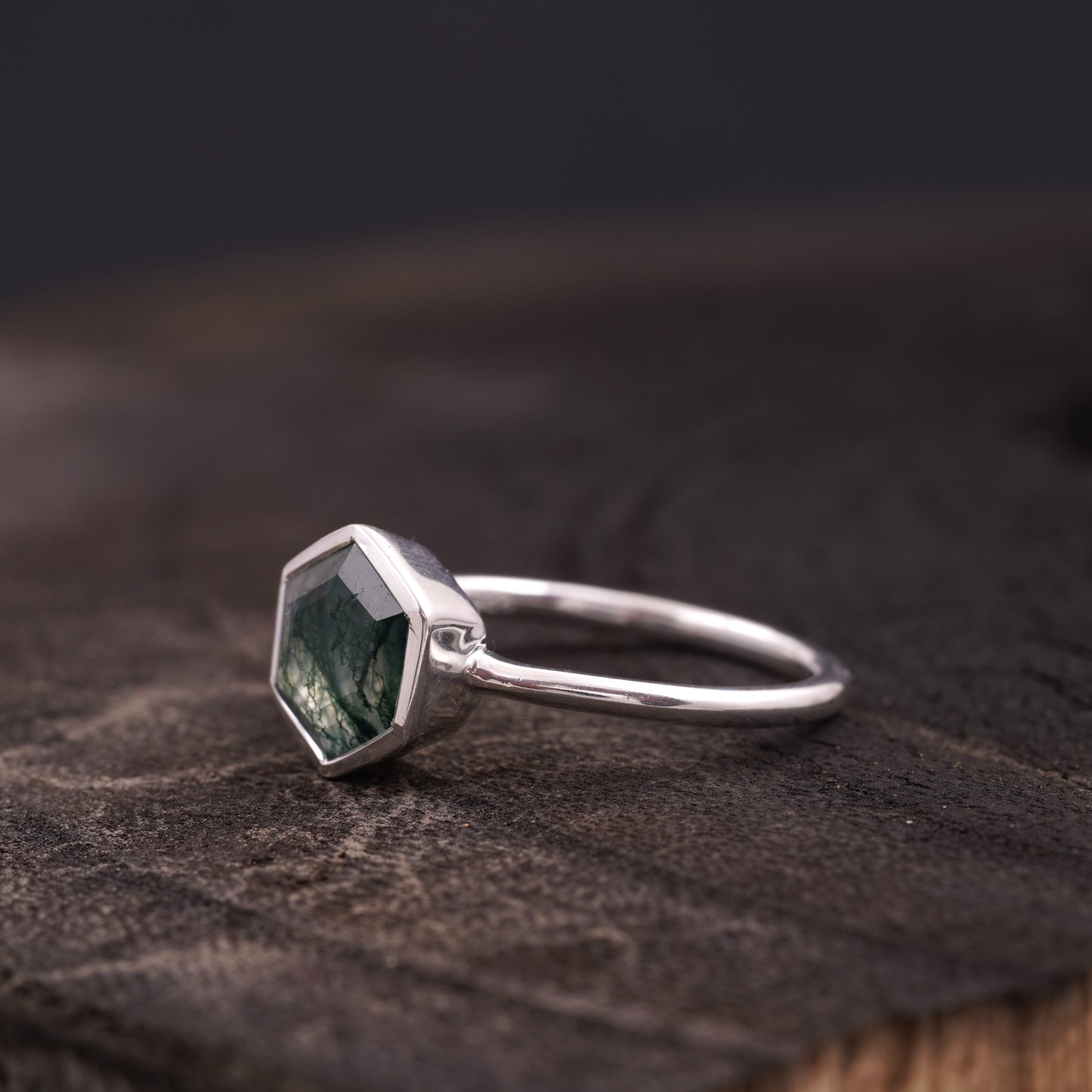 Hexagon Cut Moss Agate Bezel Set Engagement Ring