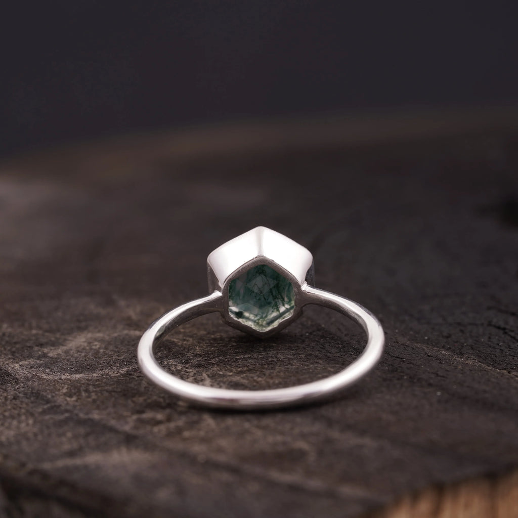 Hexagon Cut Moss Agate Bezel Set Engagement Ring - MinimalistJewels