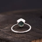 Hexagon Cut Moss Agate Bezel Set Engagement Ring - MinimalistJewels