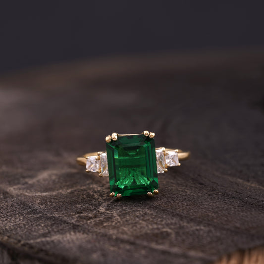 Baguette Cut Moissanite & Green Emerald Ring