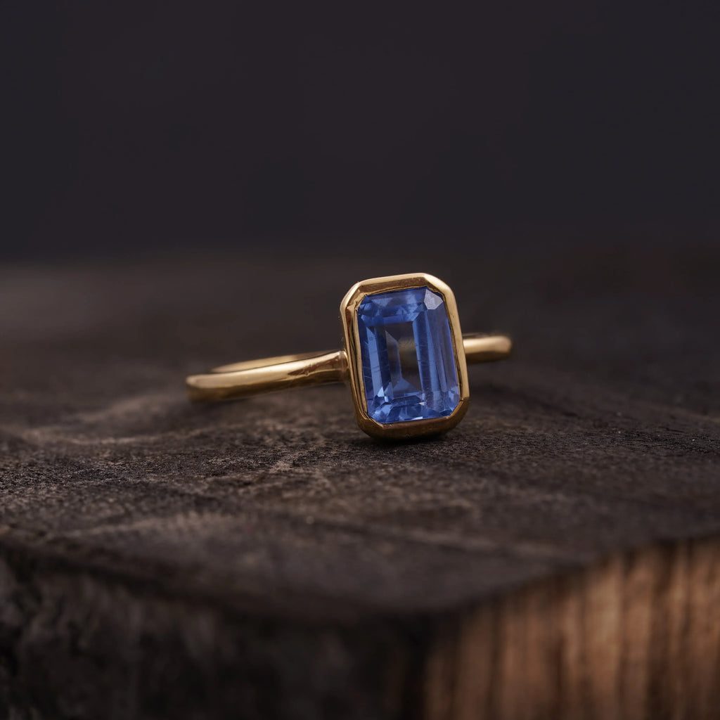 Aquamarine Gemstone Bezel Set Solid Gold Engagement Ring - MinimalistJewels