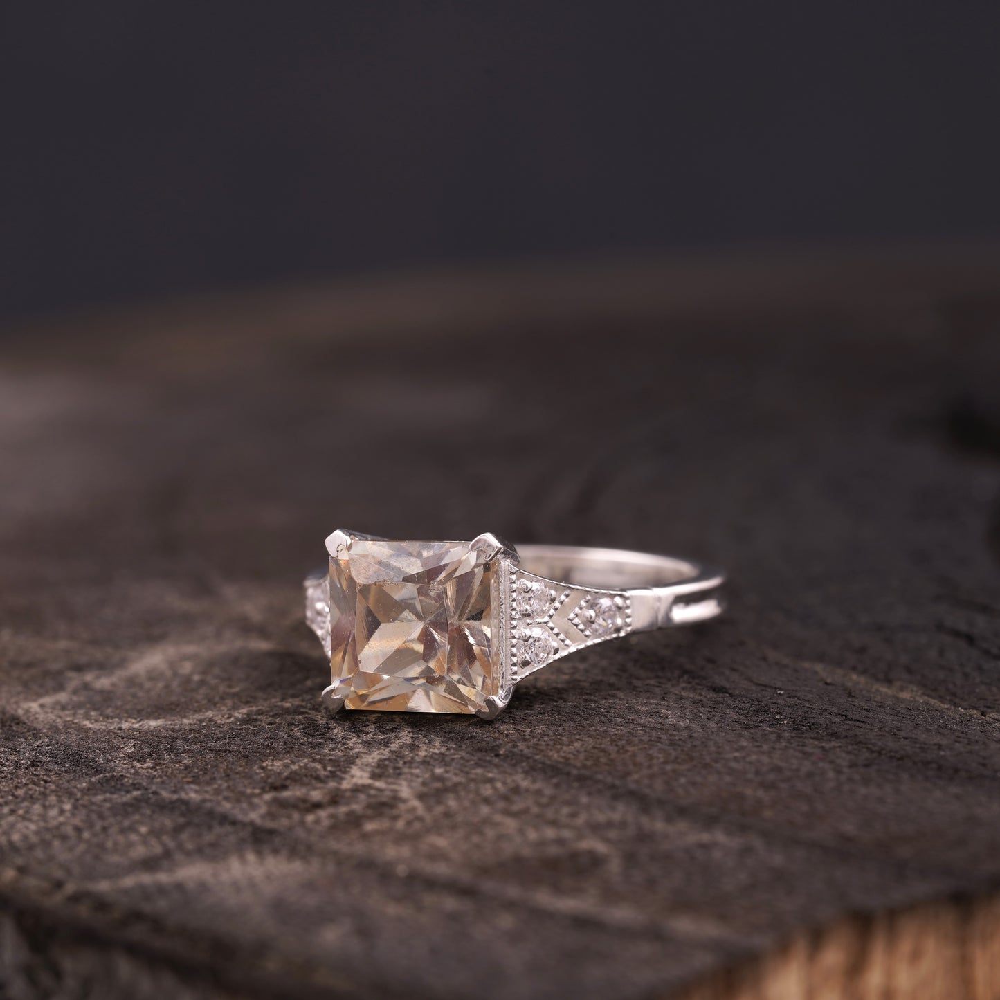 Asscher Cut Peach Moissanite Diamond Ring