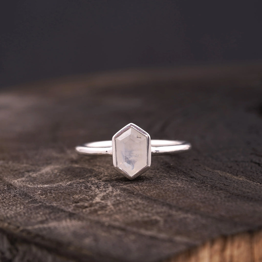 Hexagon Cut Moonstone Solitaire Ring - MinimalistJewels