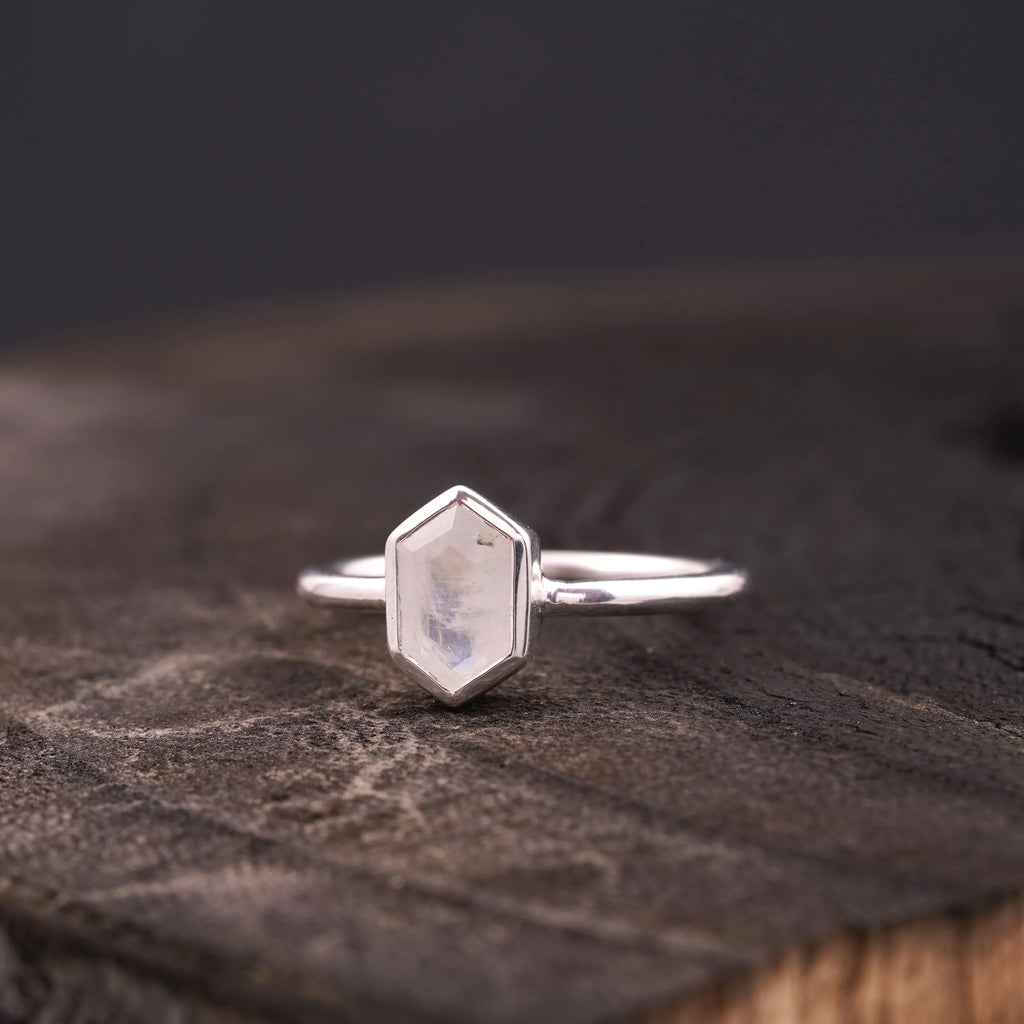 Hexagon Cut Moonstone Solitaire Ring - MinimalistJewels