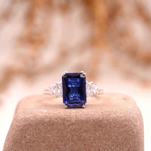 Blue Sapphire Emerald Cut 925 Sterling Silver Engagement Ring For Women