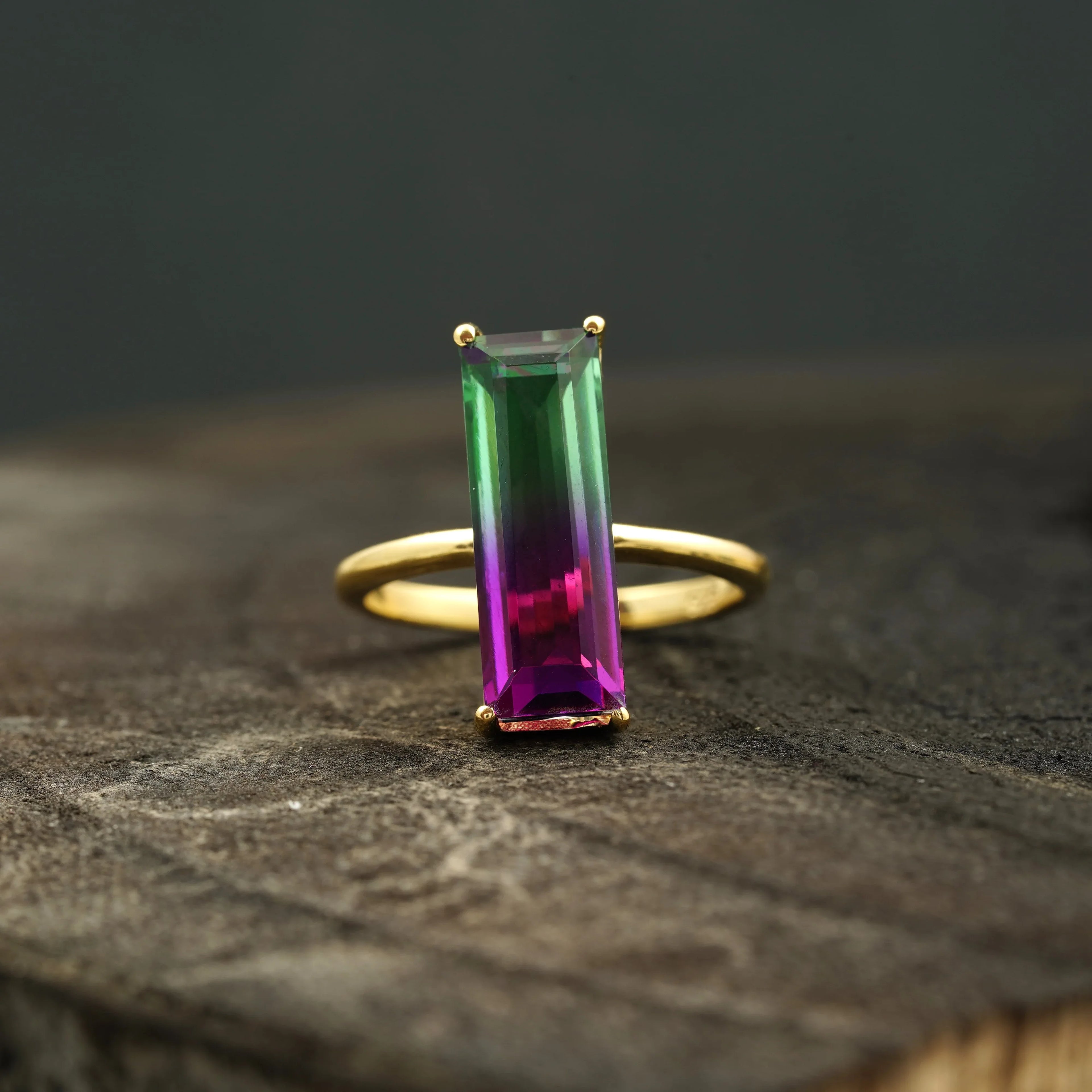 Long Baguette Watermelon Tourmaline Bicolor Engagement Ring - MinimalistJewels