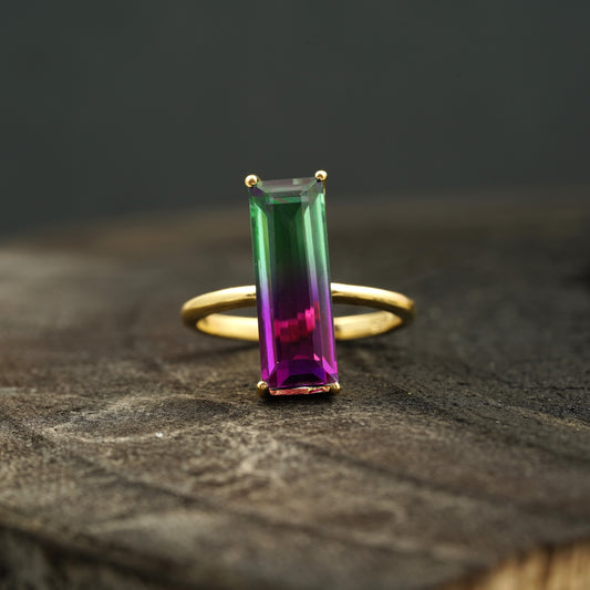 Long Baguette Watermelon Tourmaline Bicolor Engagement Ring