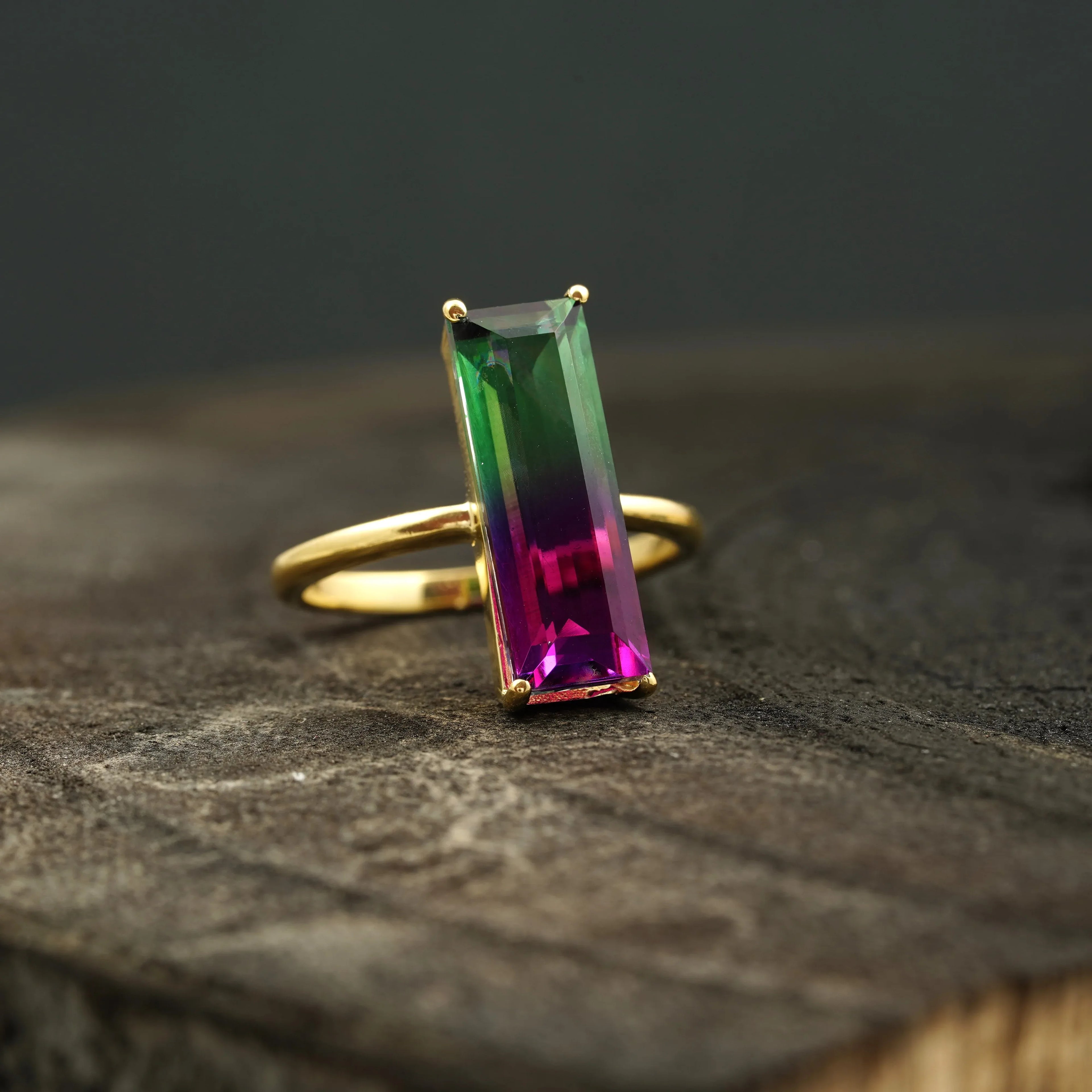Long Baguette Watermelon Tourmaline Bicolor Engagement Ring - MinimalistJewels