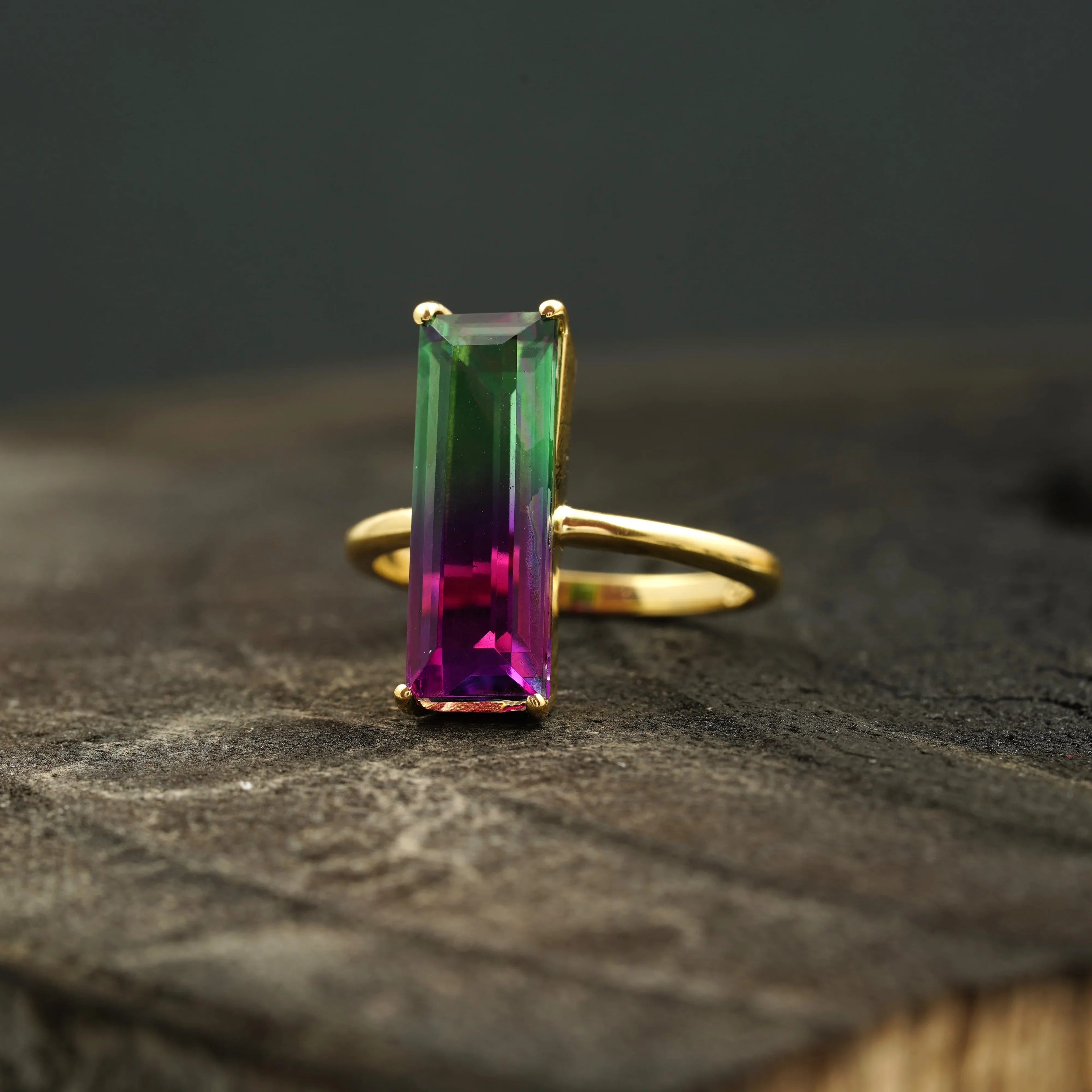 Long Baguette Watermelon Tourmaline Bicolor Engagement Ring - MinimalistJewels