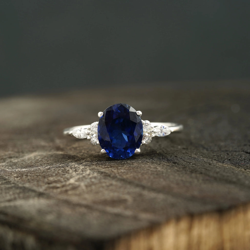 Oval Cut Blue Sapphire Sterling Silver Engagement Ring - MinimalistJewels