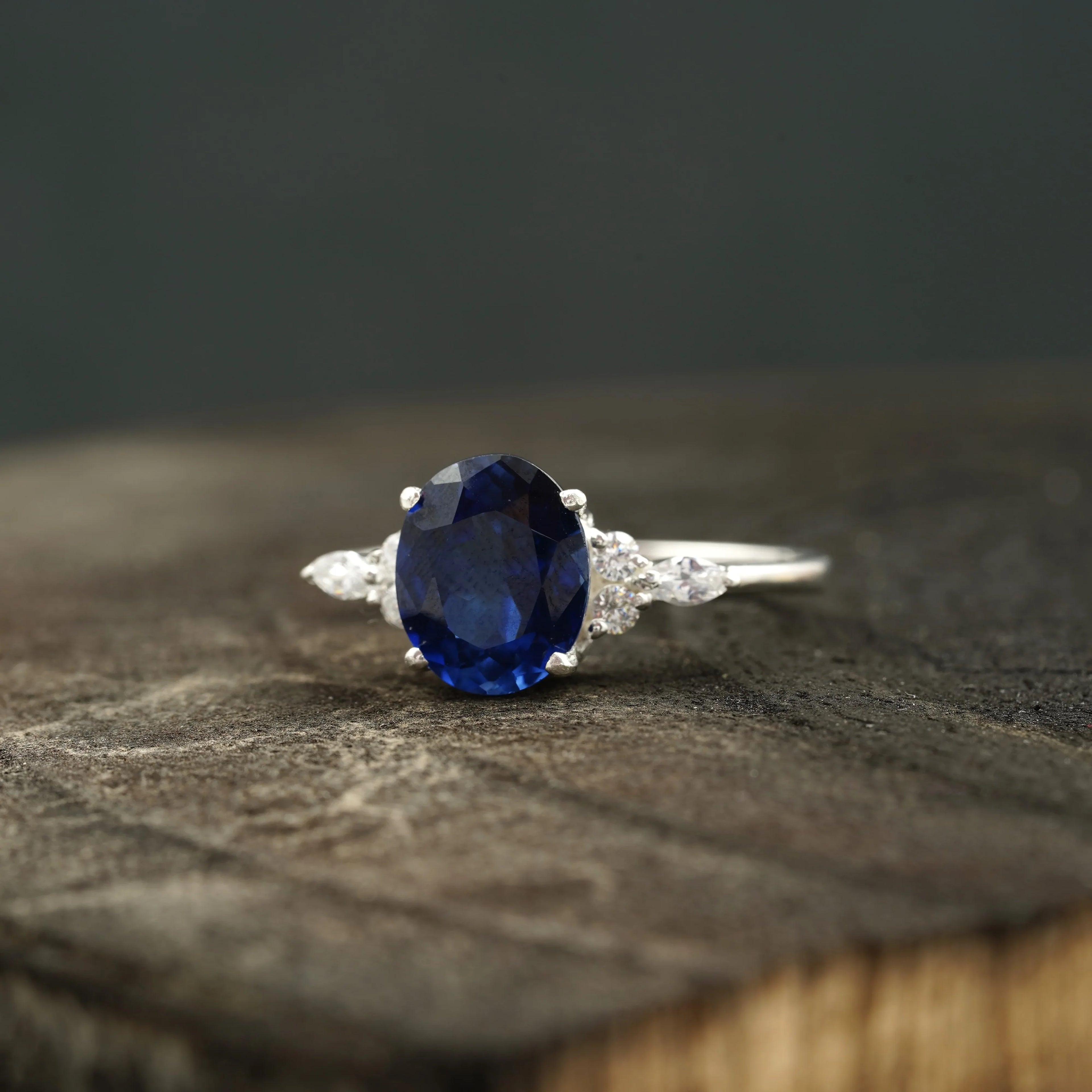 Oval Cut Blue Sapphire Sterling Silver Engagement Ring - MinimalistJewels