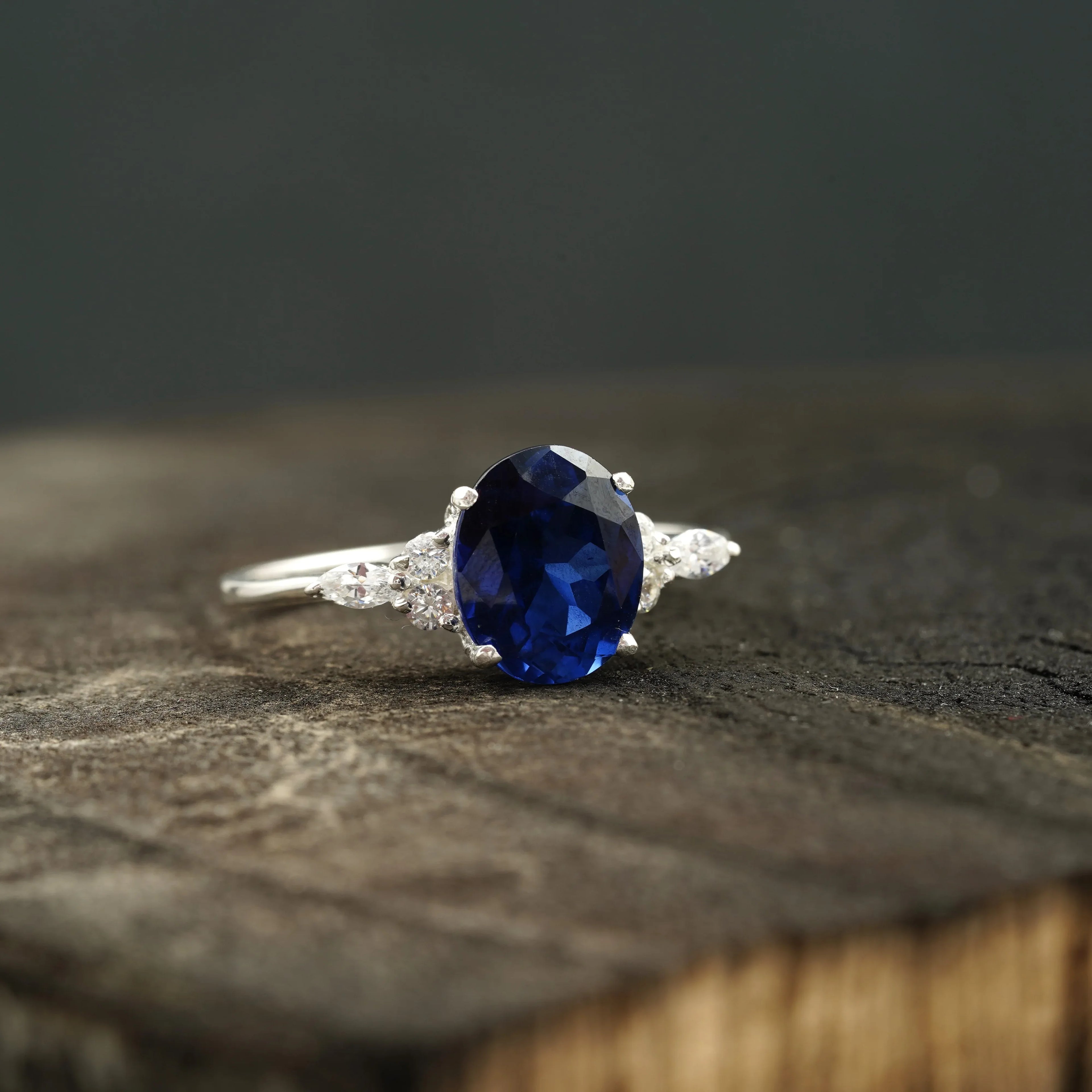 Oval Cut Blue Sapphire Sterling Silver Engagement Ring - MinimalistJewels