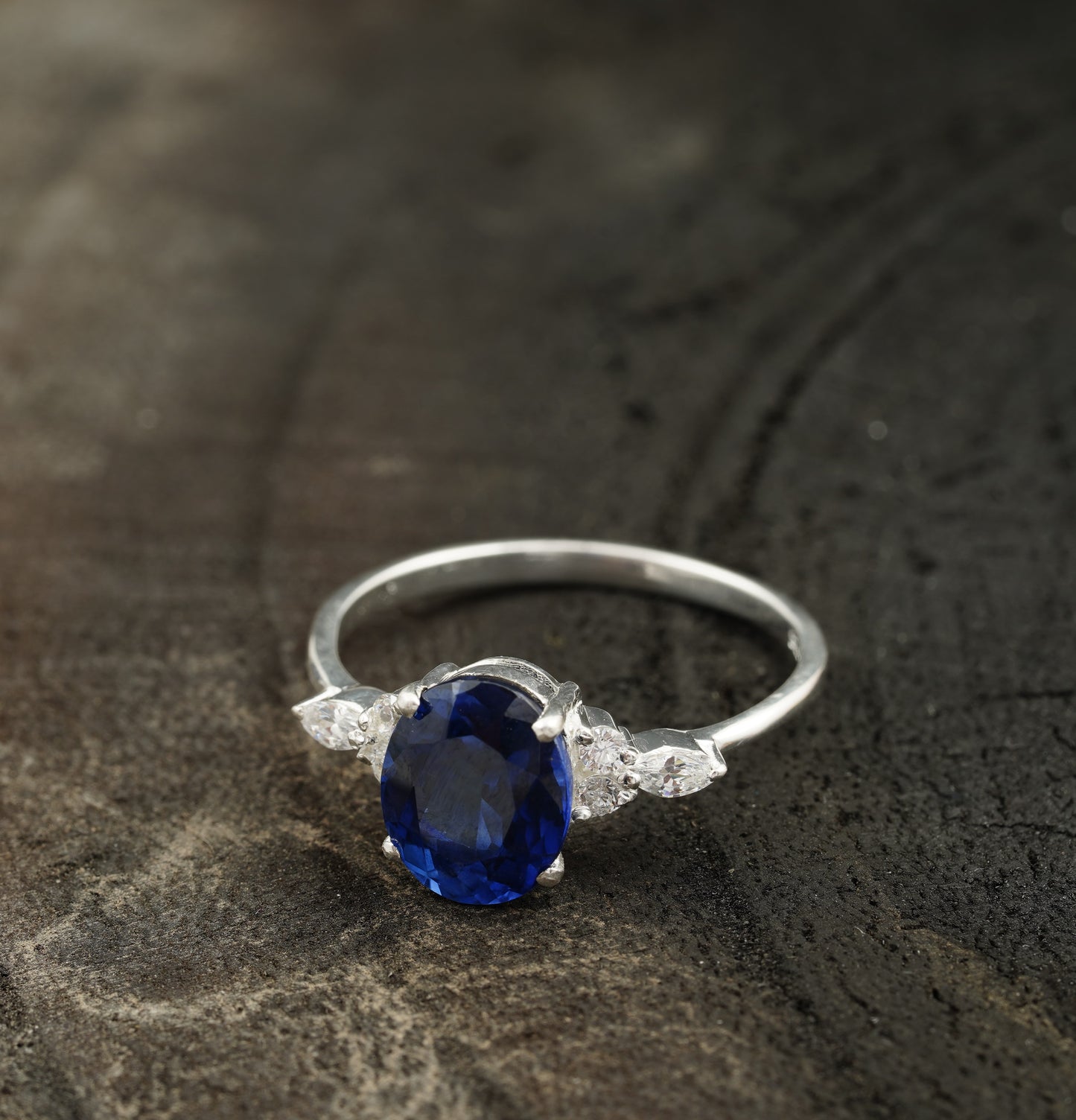 Oval Cut Blue Sapphire Sterling Silver Engagement Ring