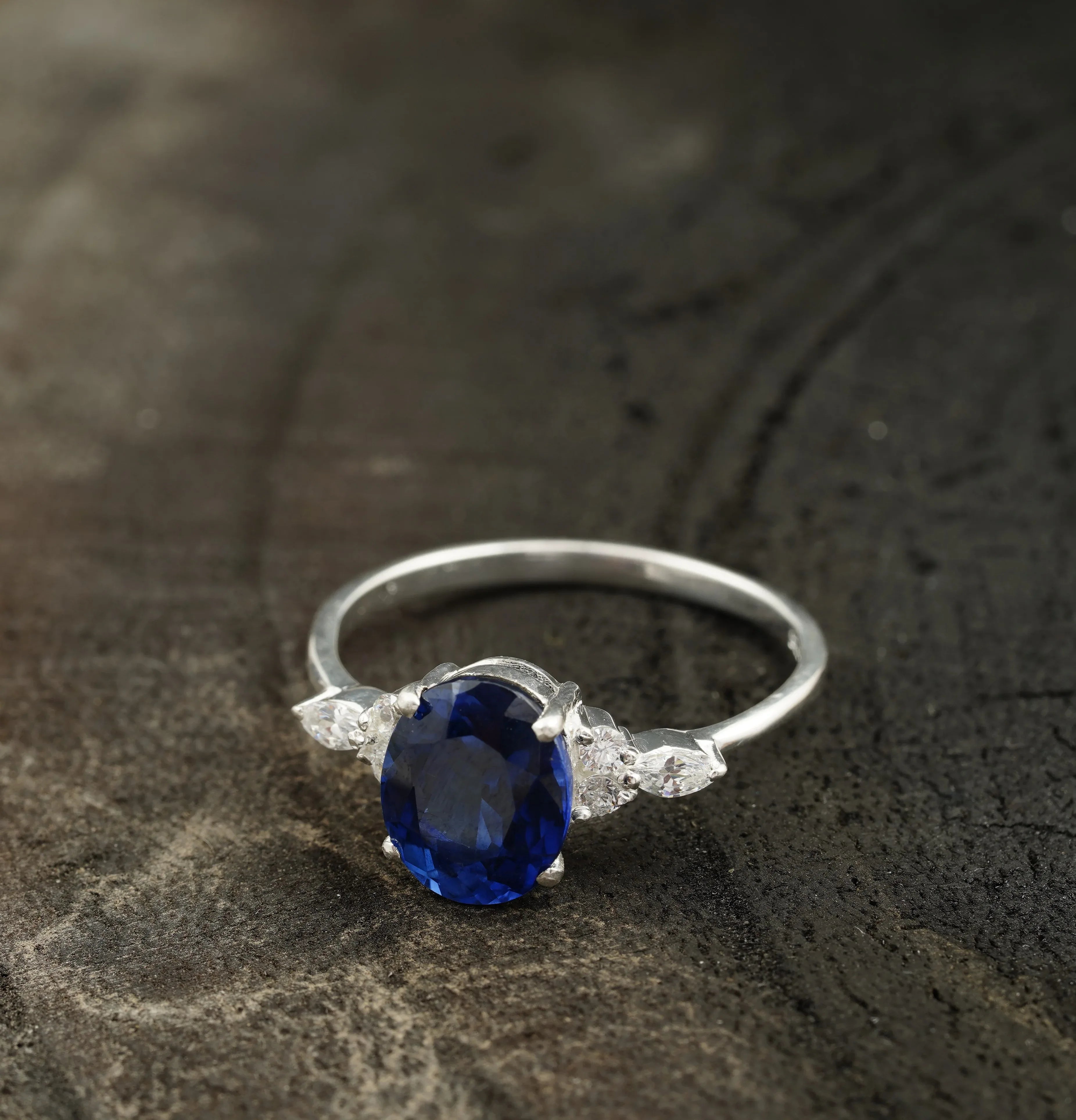 Oval Cut Blue Sapphire Sterling Silver Engagement Ring - MinimalistJewels