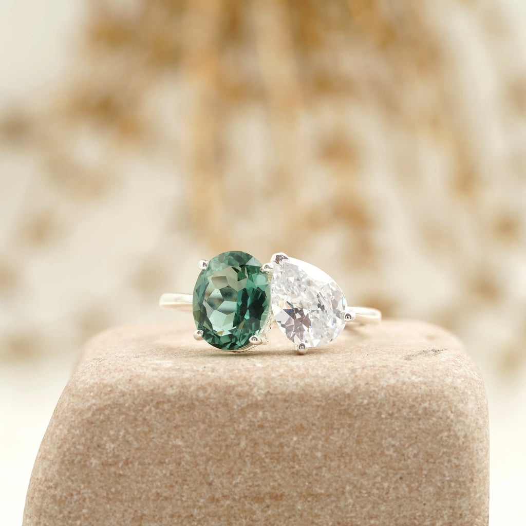 Toi Et Moi Tourmaline & Diamond Silver Engagement Ring - MinimalistJewels
