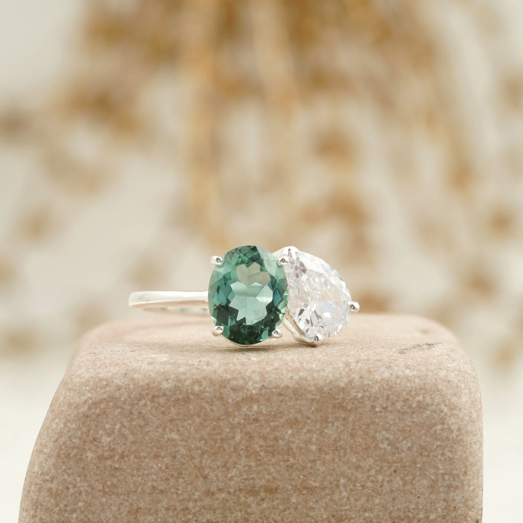 Toi Et Moi Tourmaline & Diamond Silver Engagement Ring - MinimalistJewels