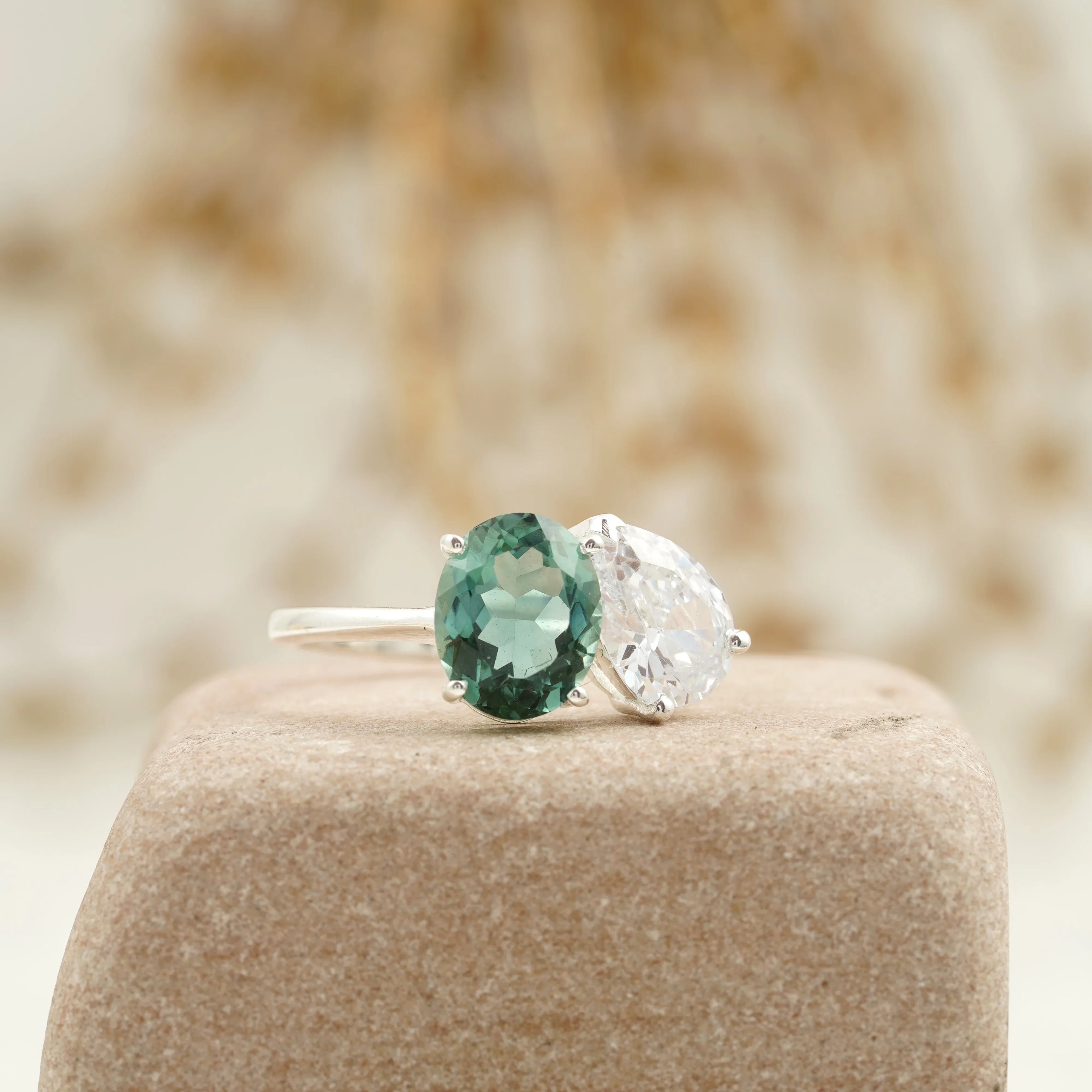 Toi Et Moi Tourmaline & Diamond Silver Engagement Ring - MinimalistJewels