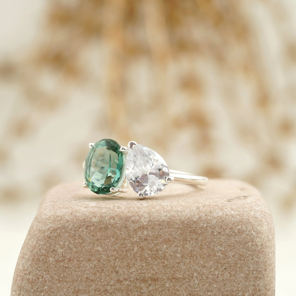 Toi Et Moi Tourmaline & Diamond Silver Engagement Ring - MinimalistJewels