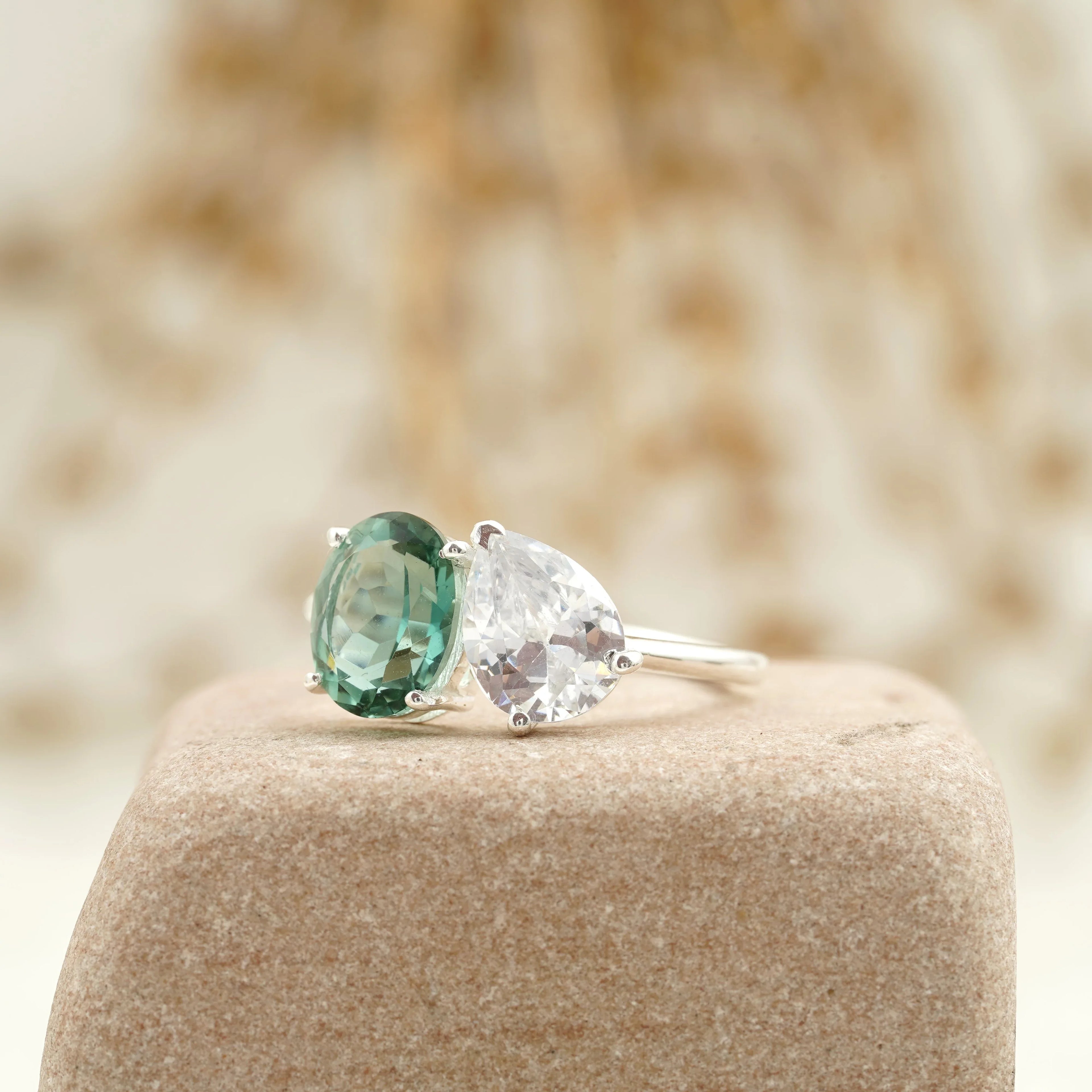 Toi Et Moi Tourmaline & Diamond Silver Engagement Ring - MinimalistJewels
