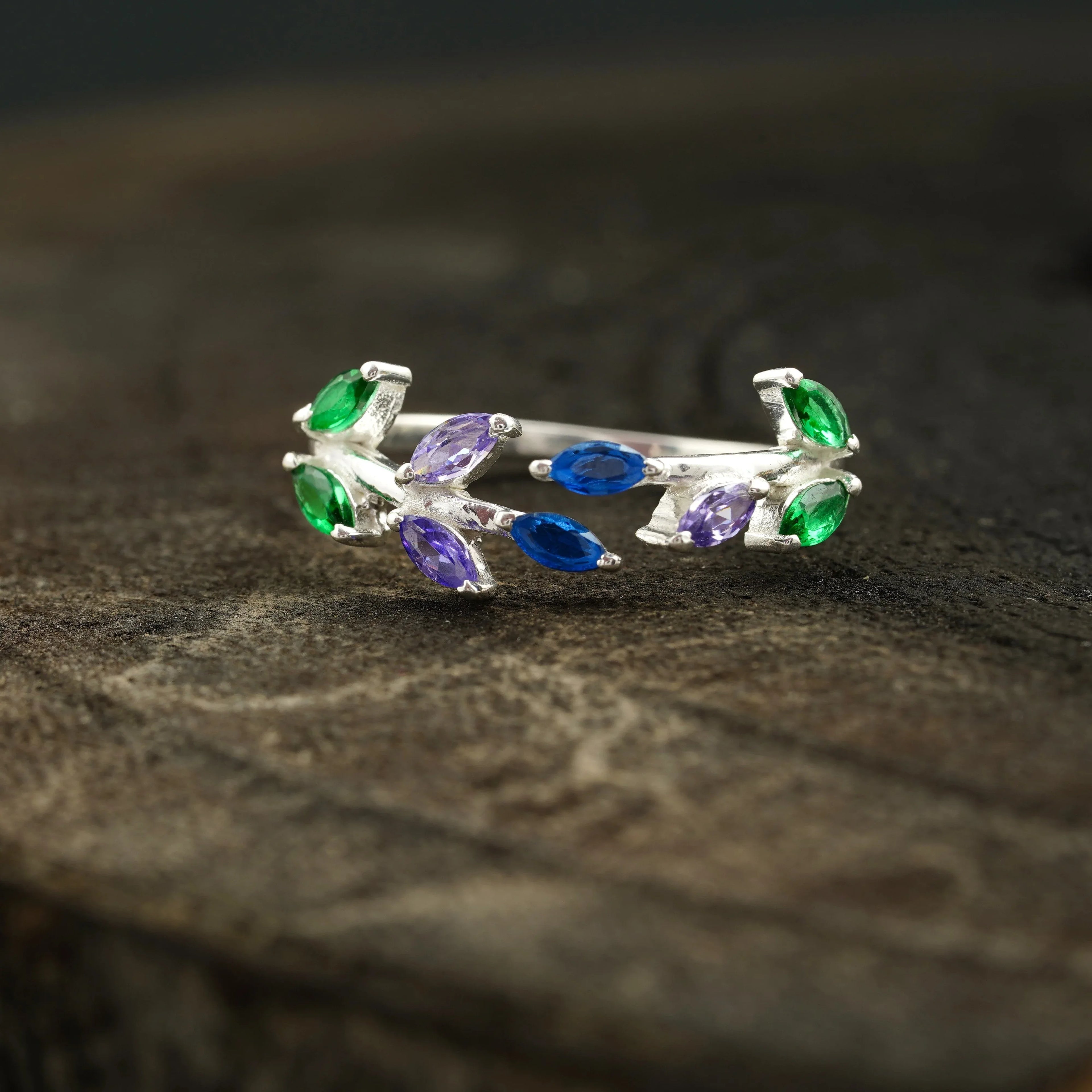 Marquise Cut Multi-Stone Sapphire Amethyst & Emerald Wedding Band - MinimalistJewels