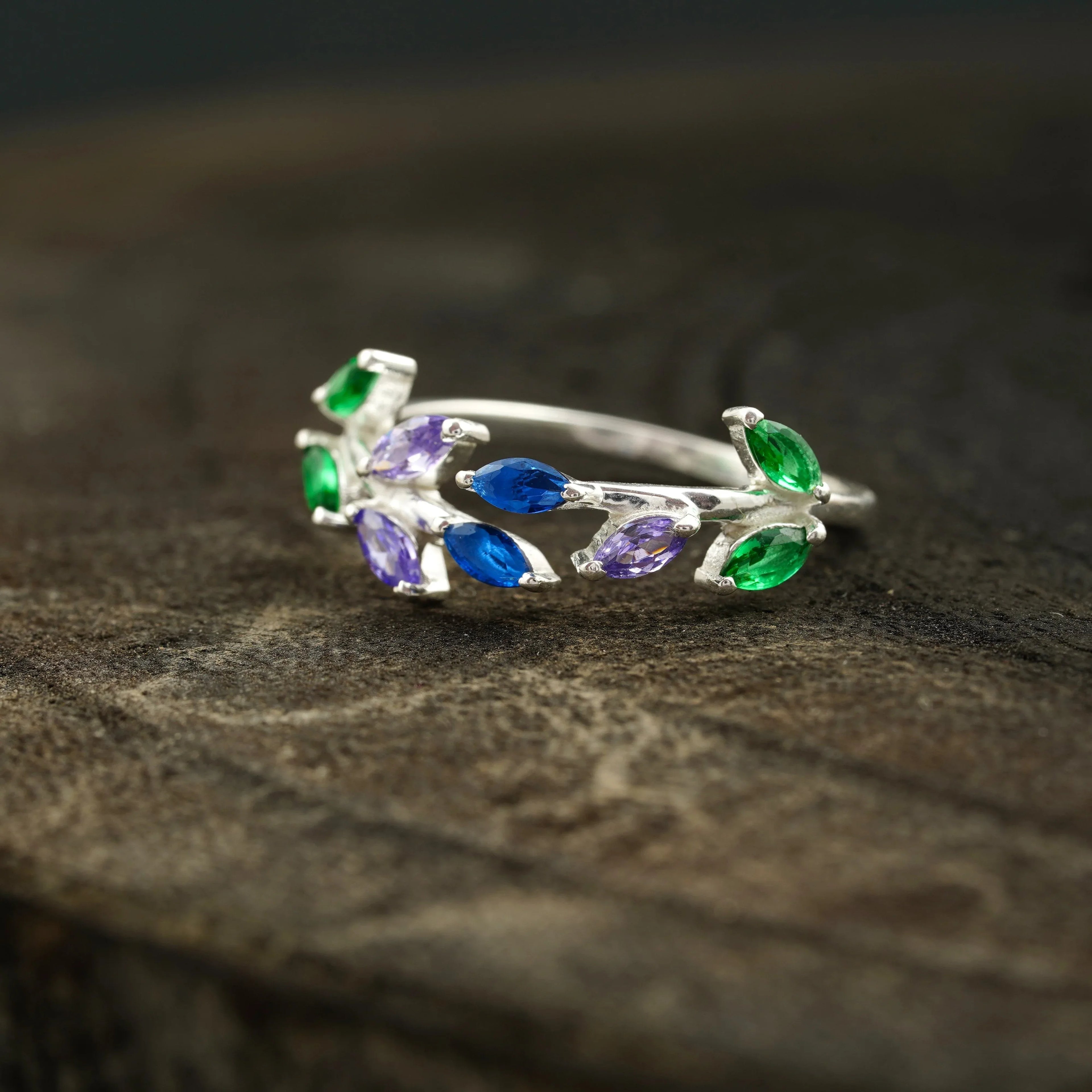Marquise Cut Multi-Stone Sapphire Amethyst & Emerald Wedding Band - MinimalistJewels